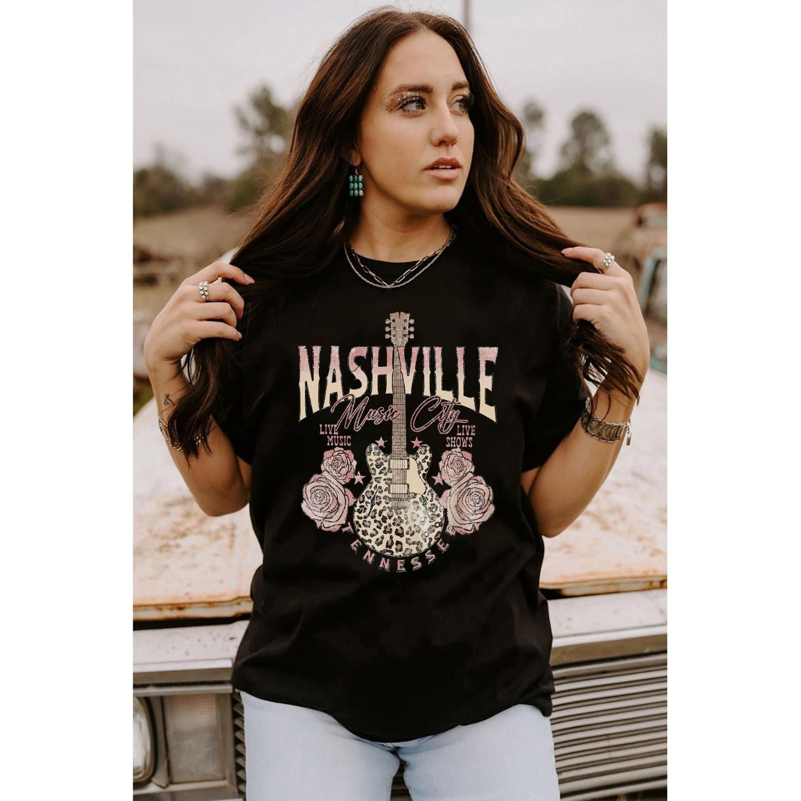 Azura Exchange Leopard Guitar Rose Print T-Shirt - XL