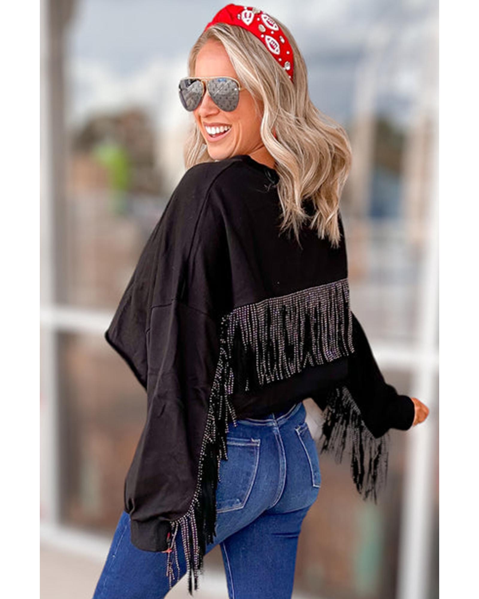Black GAME DAY Rugby Sequined Tasseled Cropped Sweatshirt - 2XL
