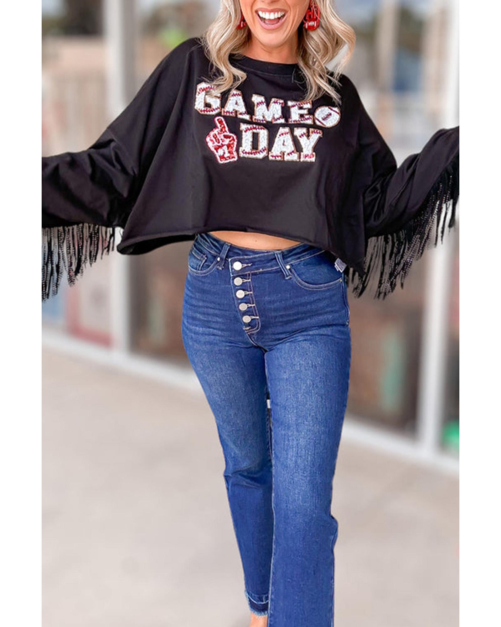 Black GAME DAY Rugby Sequined Tasseled Cropped Sweatshirt - M