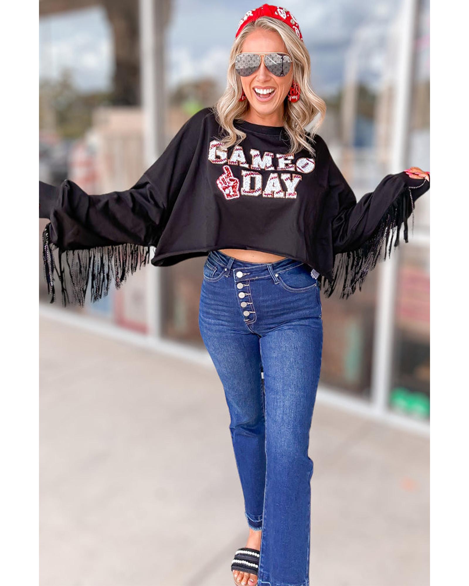 Black GAME DAY Rugby Sequined Tasseled Cropped Sweatshirt - XL