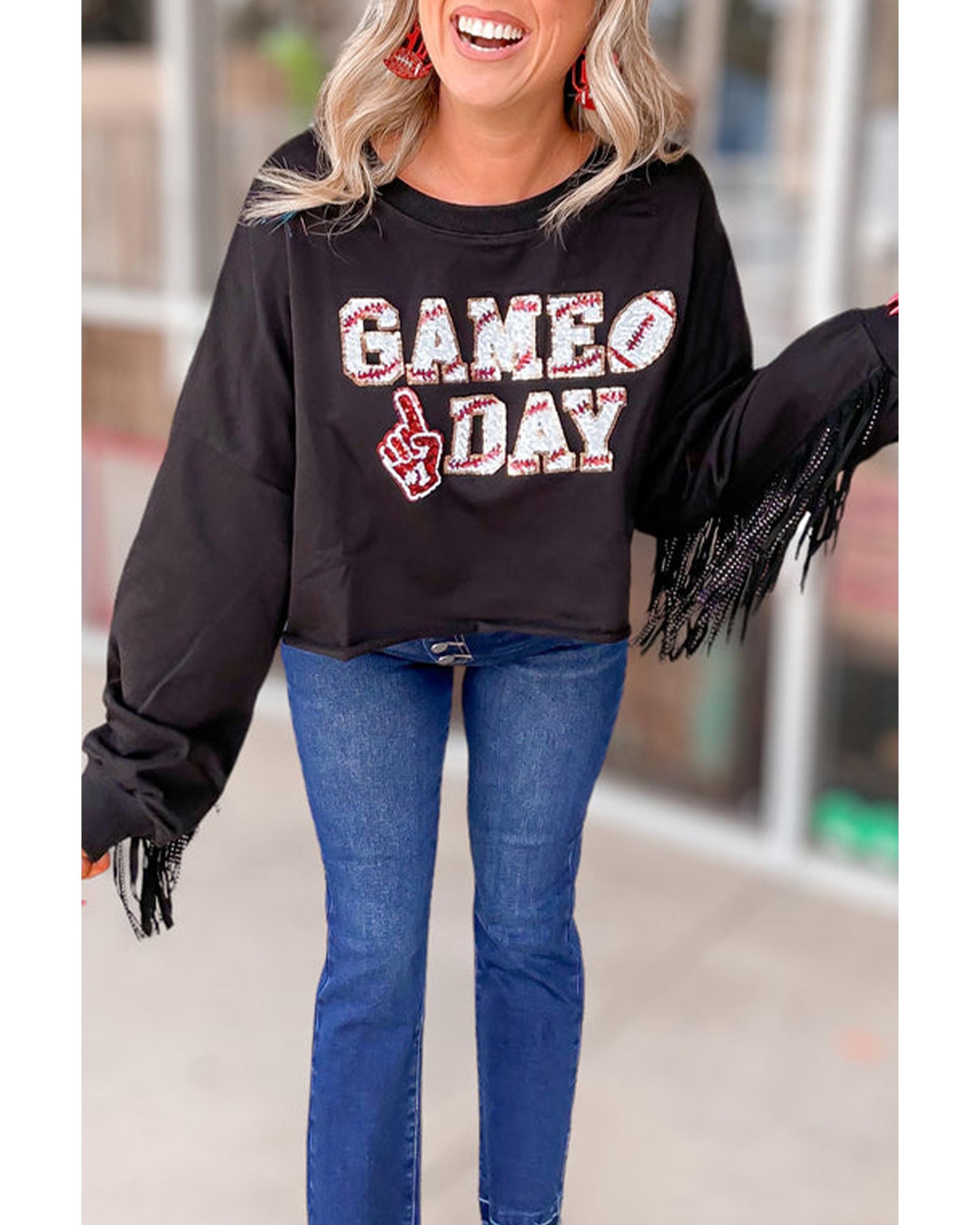 Black GAME DAY Rugby Sequined Tasseled Cropped Sweatshirt - XL