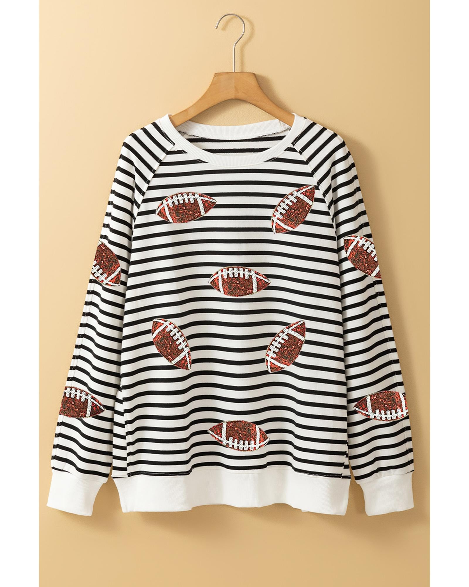 Black Stripe Sequin Rugby Football Side Slits Oversized Sweatshirt - S