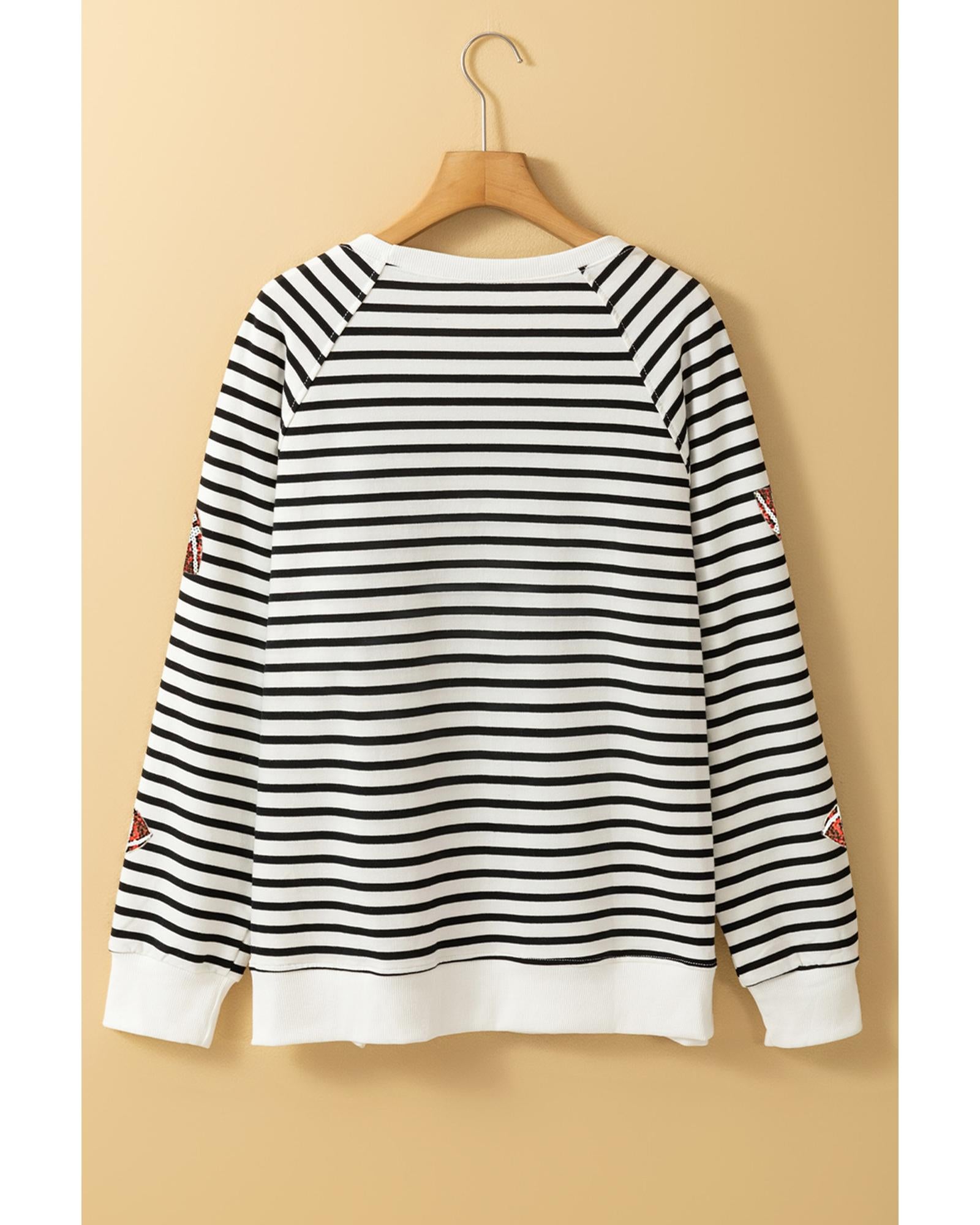 Black Stripe Sequin Rugby Football Side Slits Oversized Sweatshirt - S