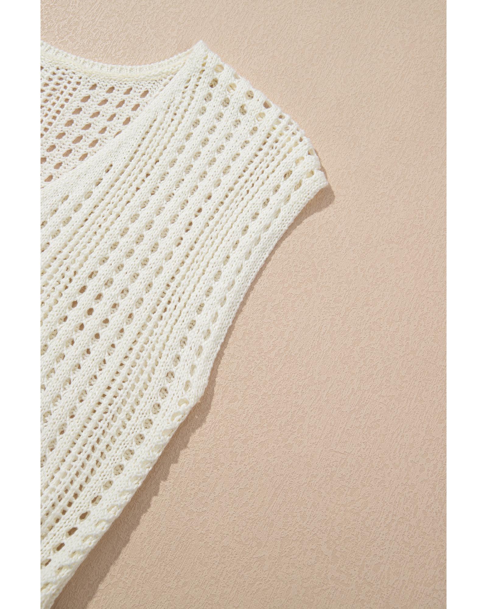 Beige Open Knit Drawstring Waist Beach Dress - L