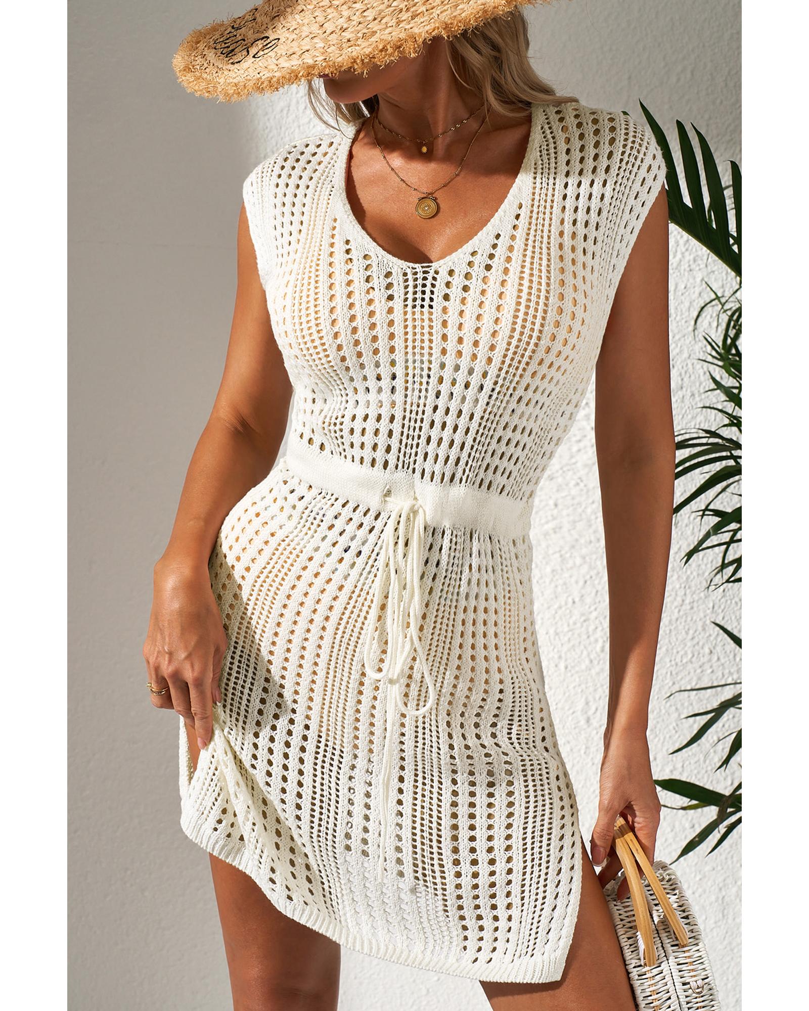 Beige Open Knit Drawstring Waist Beach Dress - L