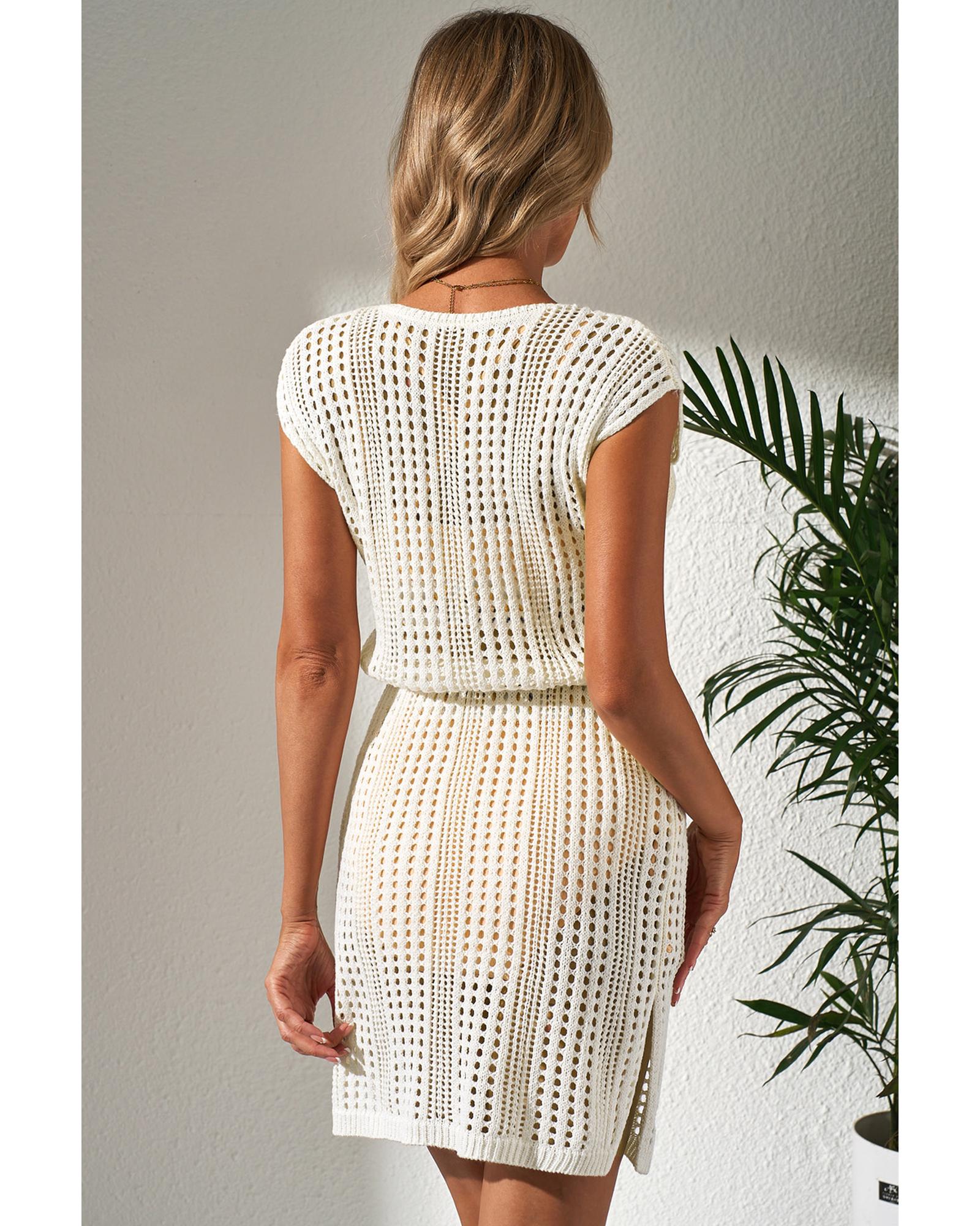 Beige Open Knit Drawstring Waist Beach Dress - L