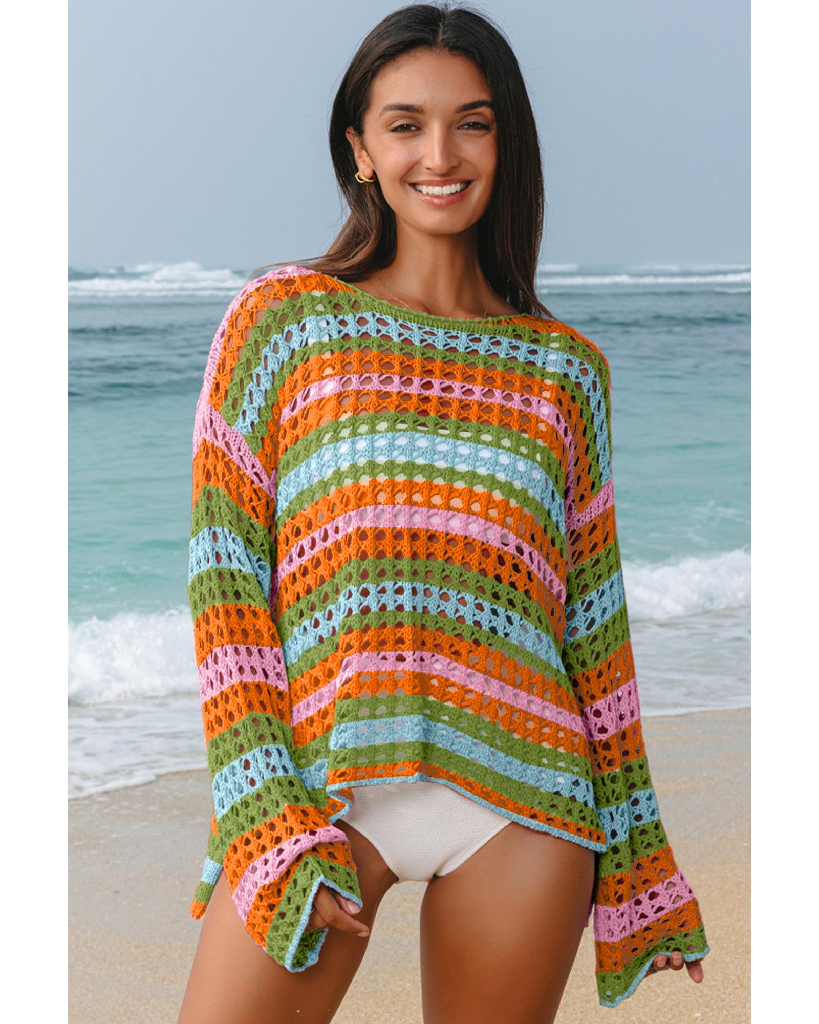 Carrot Multi Stripe Open Knit Sweater Beach Cover Up - XL