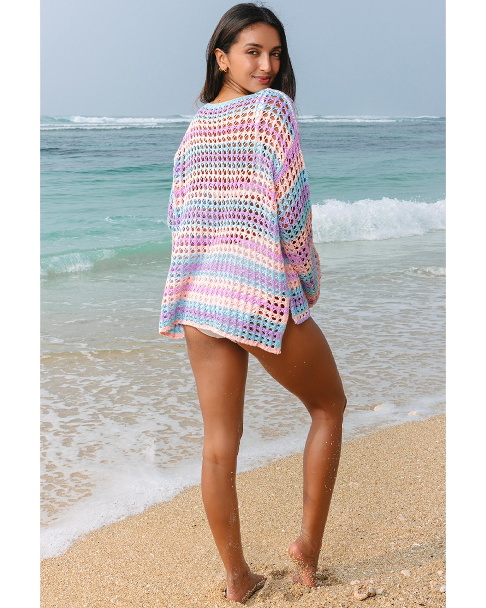 Purple Multi Stripe Open Knit Sweater Beach Cover Up - M