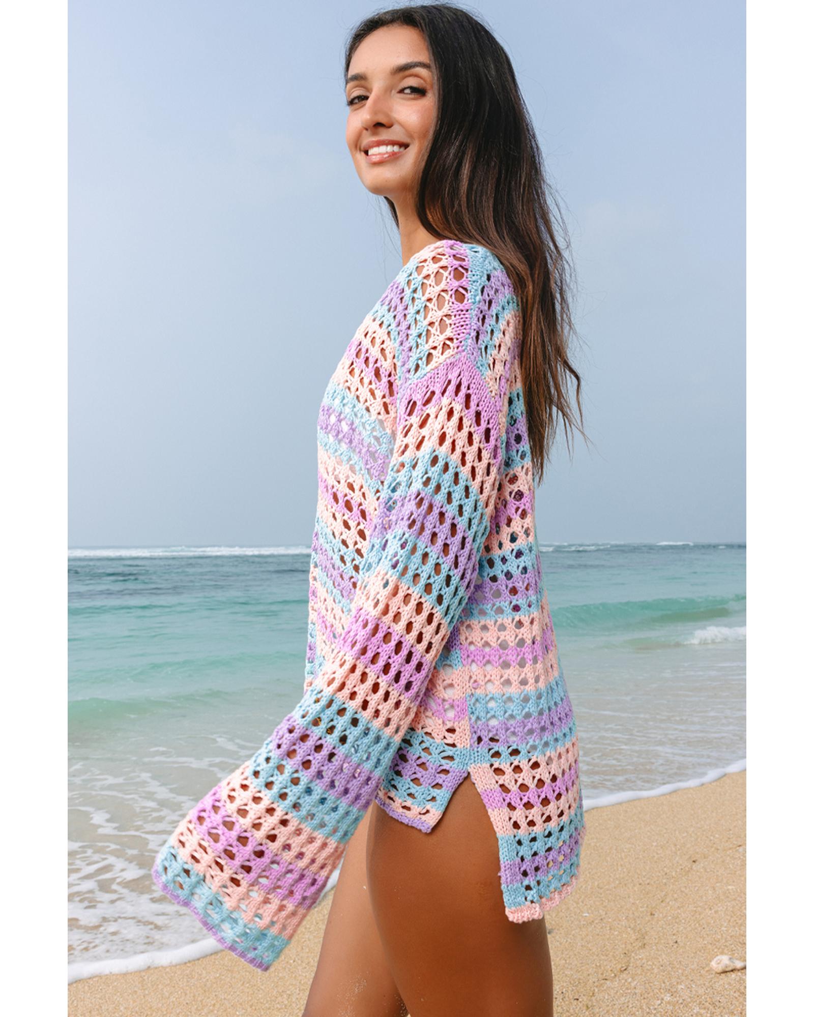 Purple Multi Stripe Open Knit Sweater Beach Cover Up - M