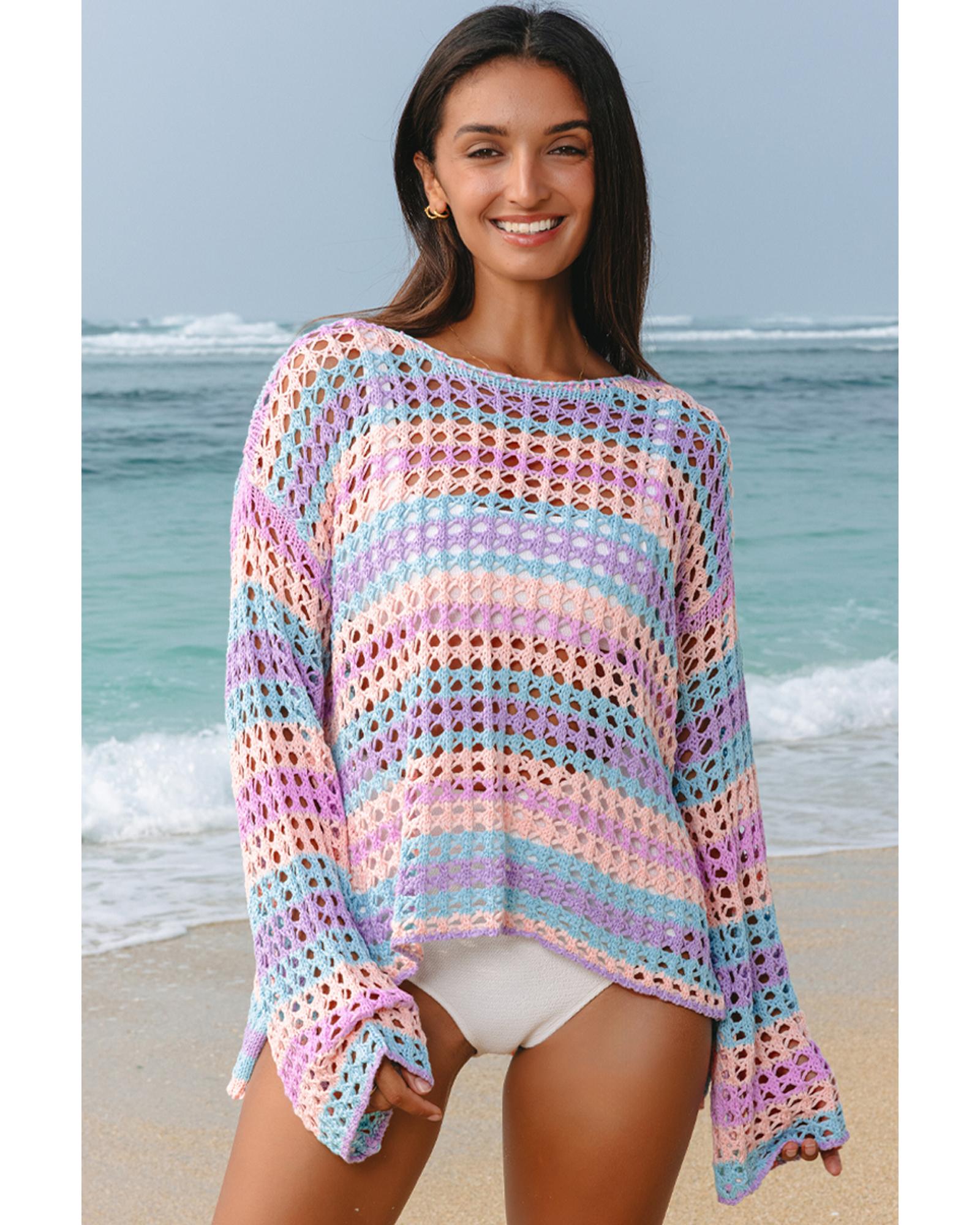 Purple Multi Stripe Open Knit Sweater Beach Cover Up - M