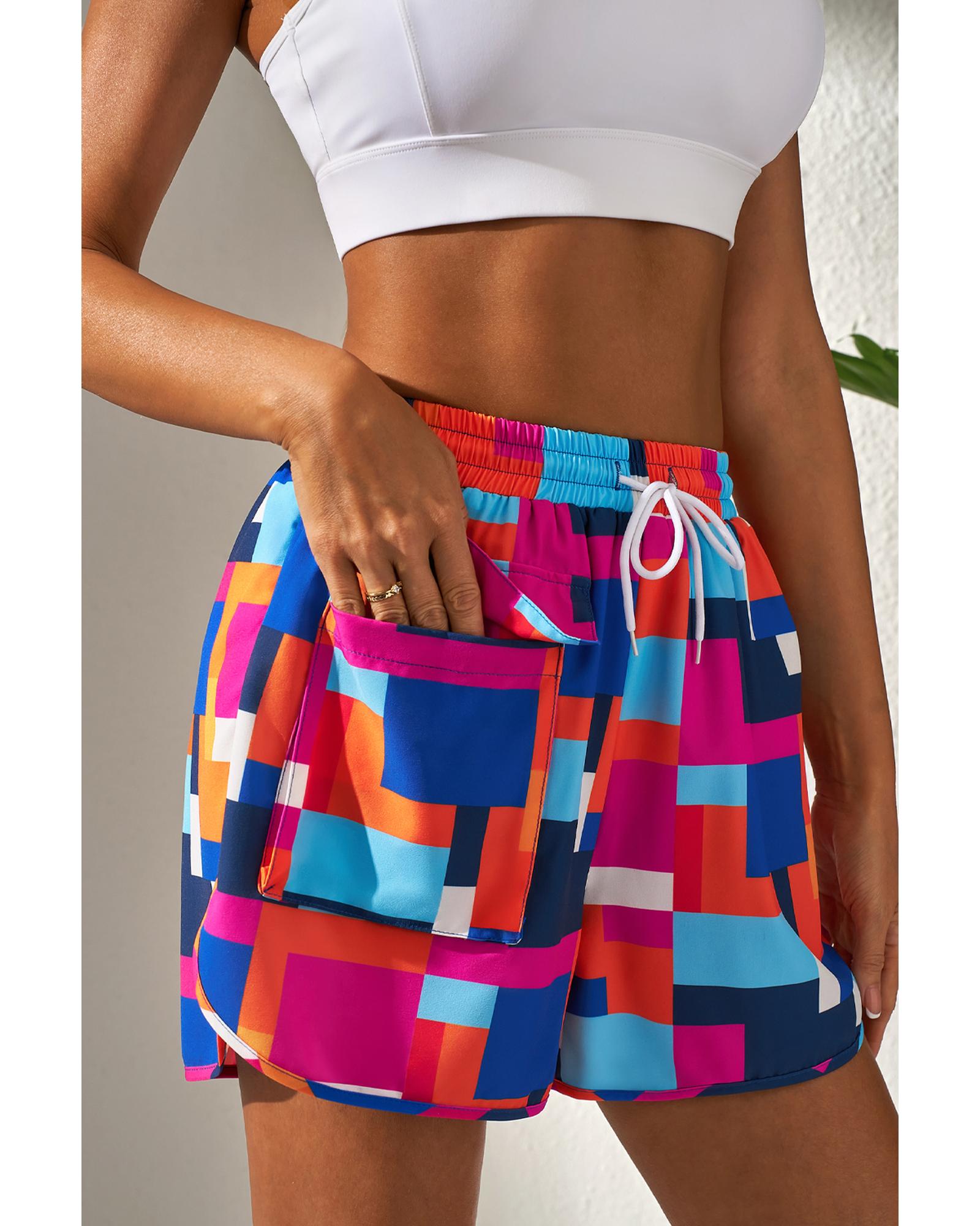 Rose Geometric Printed Drawstring Waist Beach Shorts with Pockets - 2XL