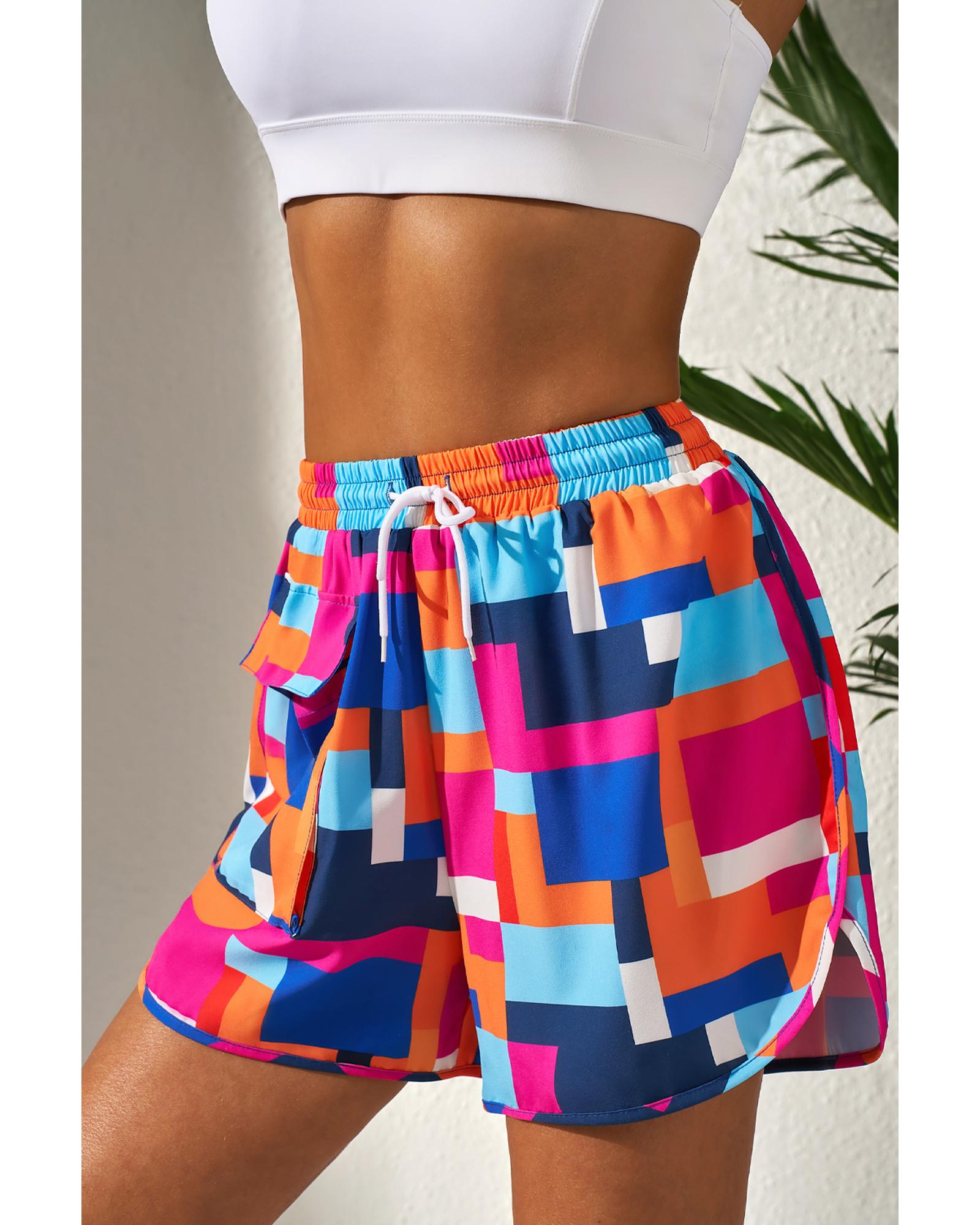 Rose Geometric Printed Drawstring Waist Beach Shorts with Pockets - M