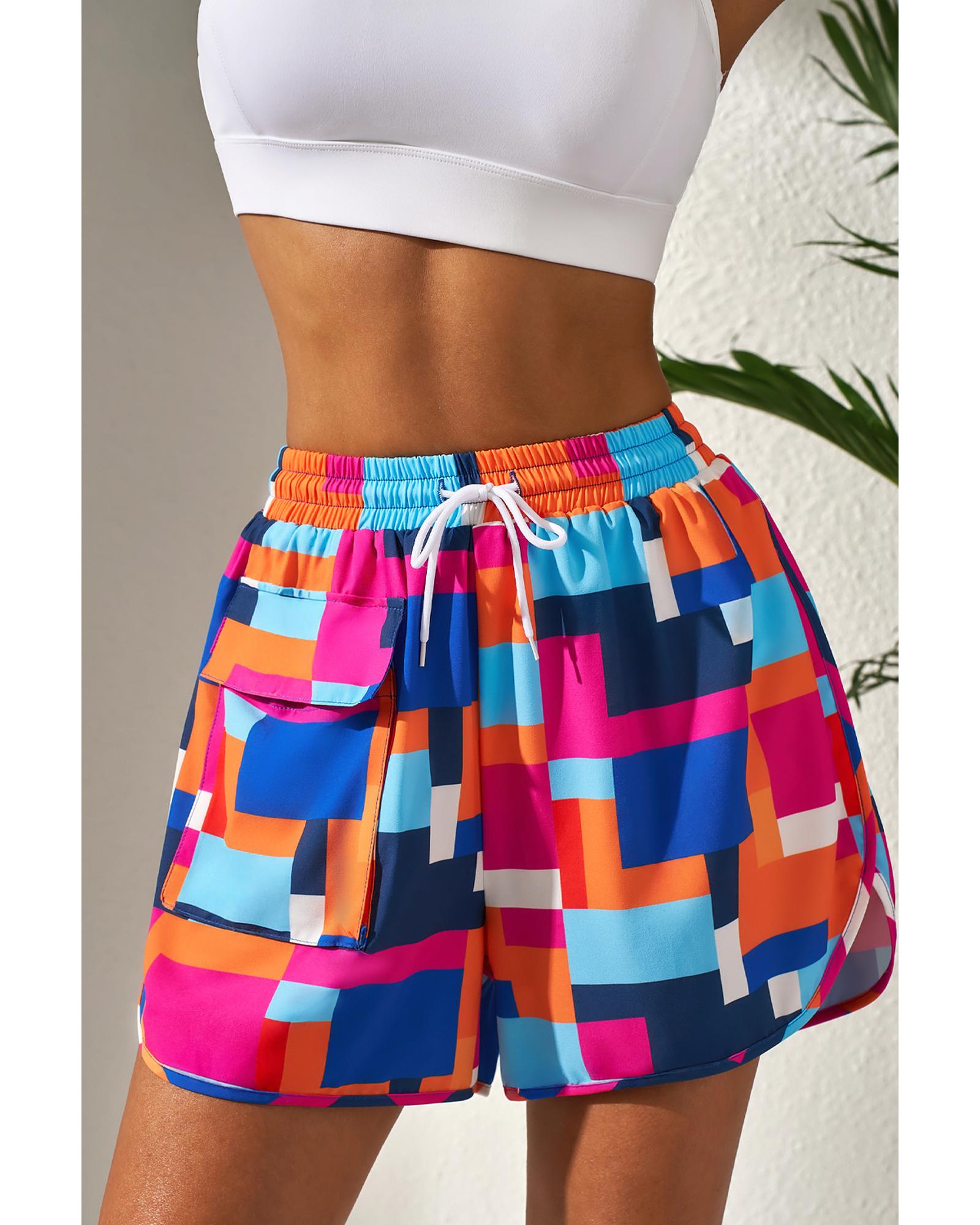Rose Geometric Printed Drawstring Waist Beach Shorts with Pockets - S