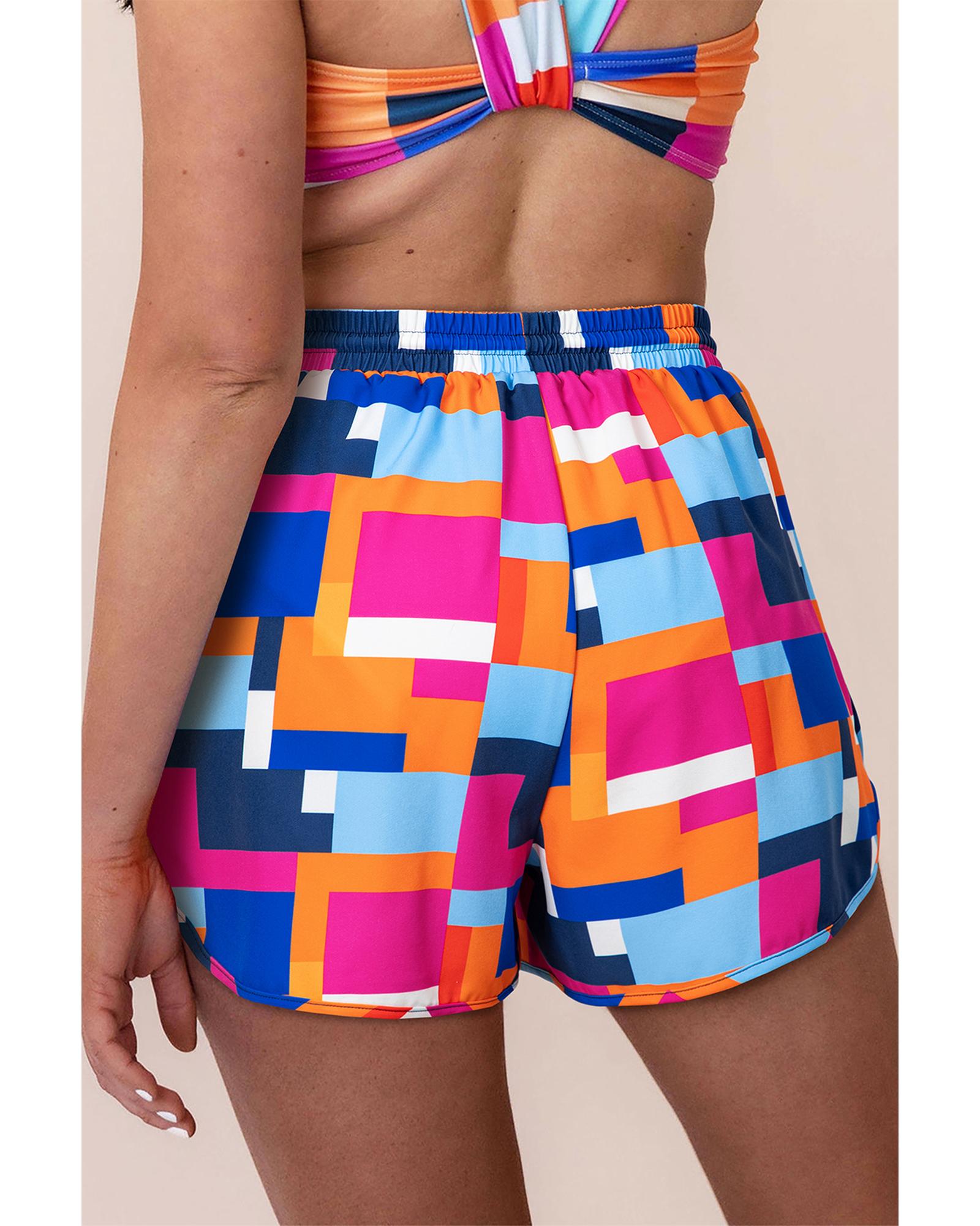 Rose Geometric Printed Drawstring Waist Beach Shorts with Pockets - S