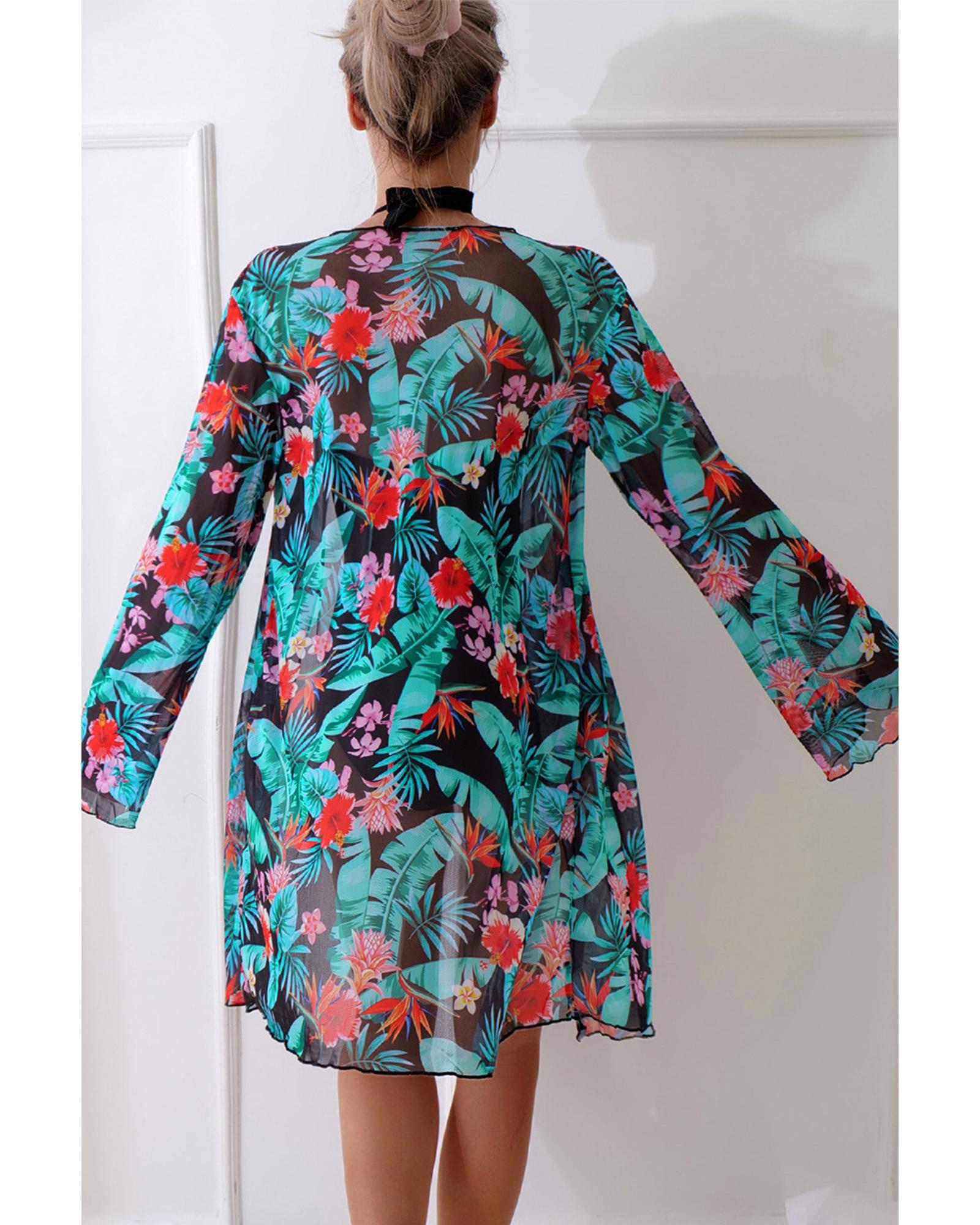 Black Halter Neck Monokini with Floral Beach Cover Up - L