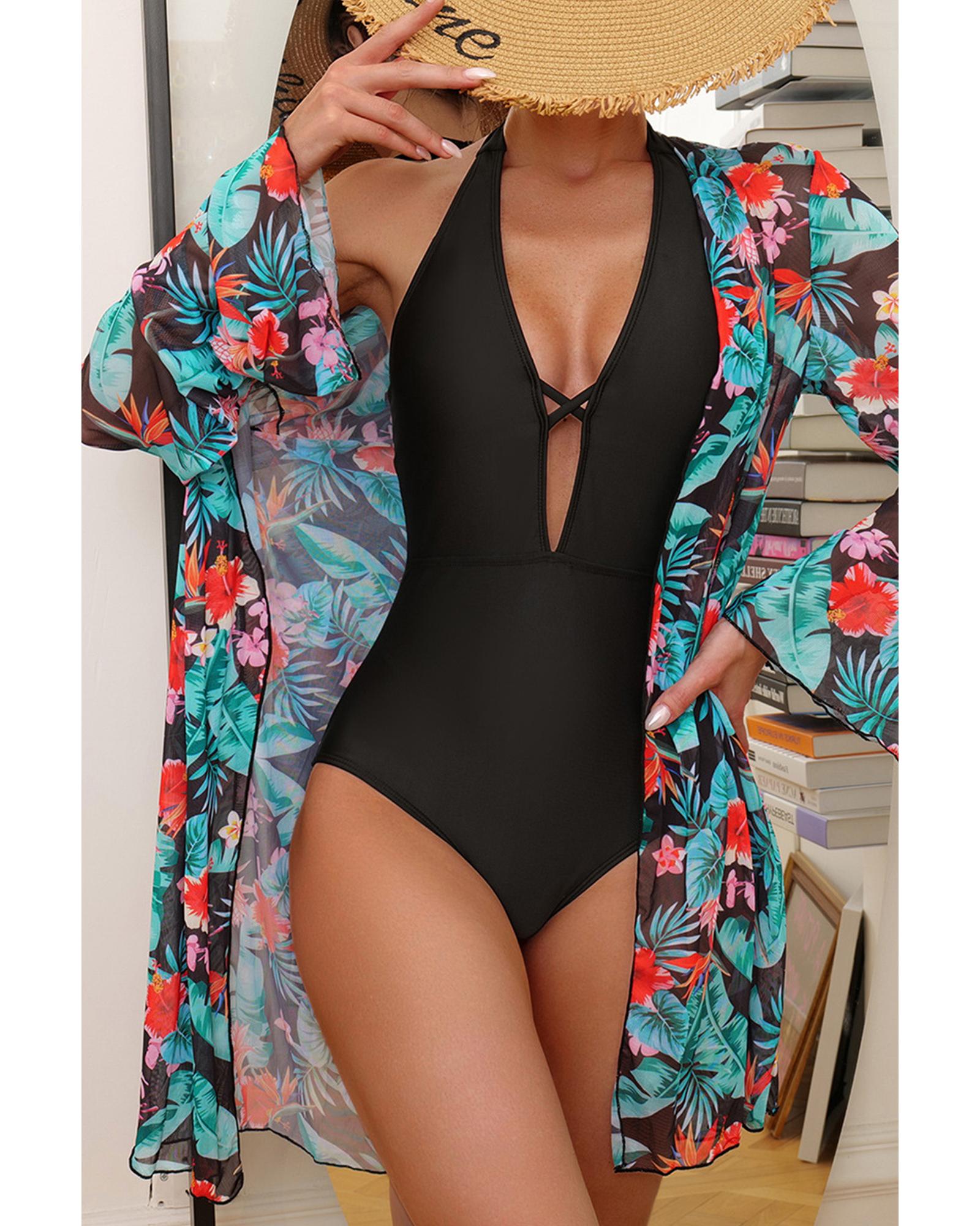 Black Halter Neck Monokini with Floral Beach Cover Up - L