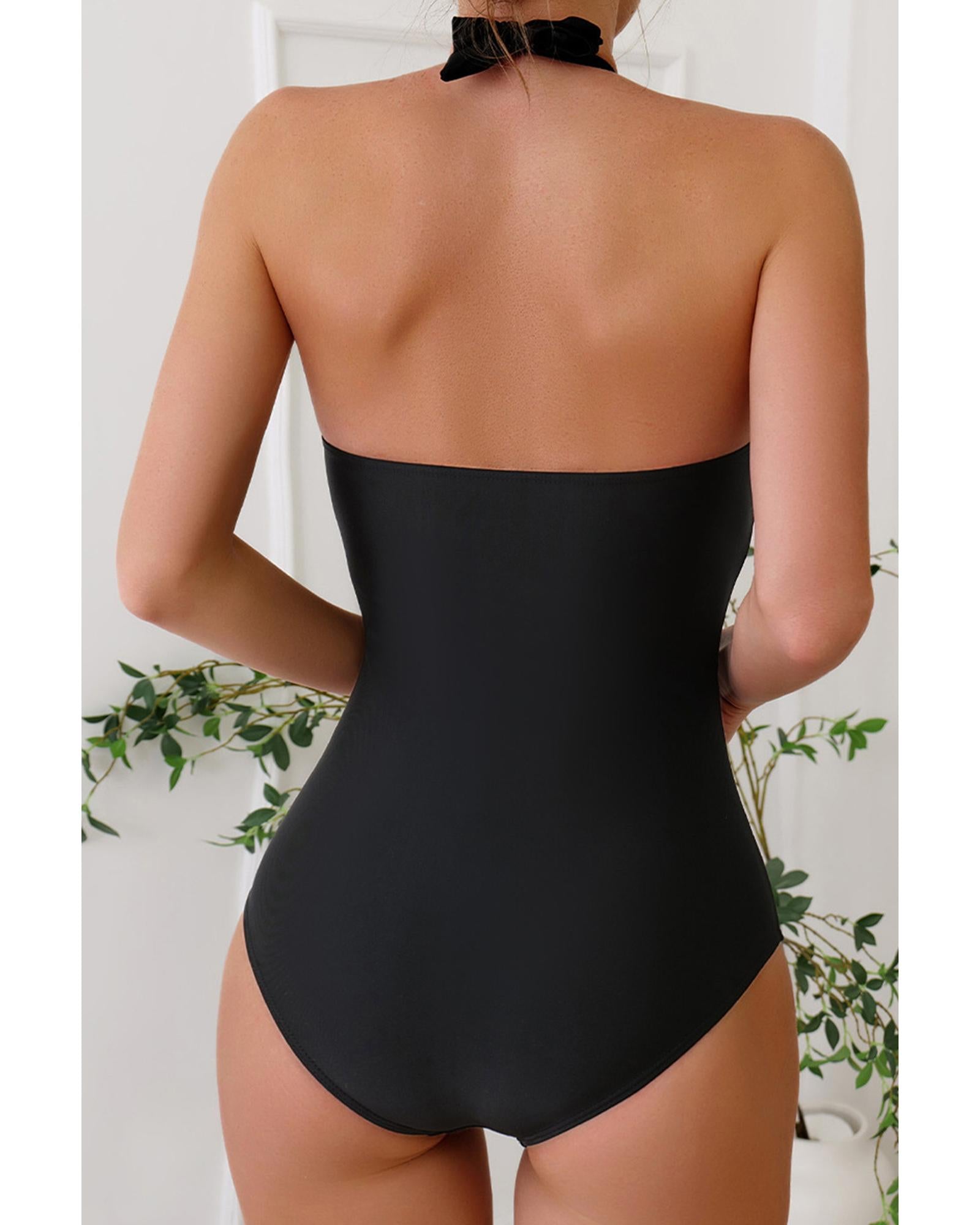 Black Halter Neck Monokini with Floral Beach Cover Up - M