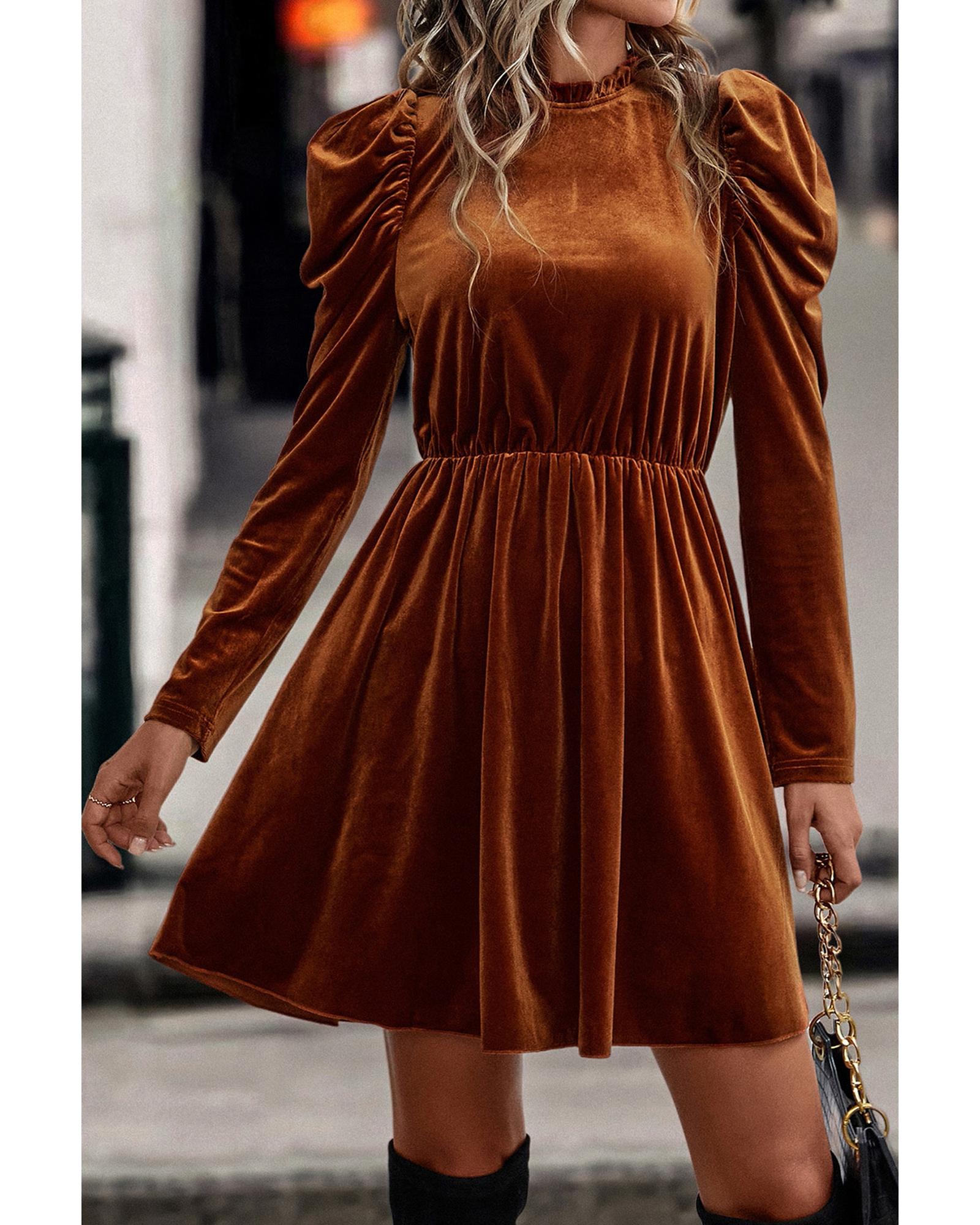 Chestnut Velvet Frilled Neck Gigot Sleeve Swing Dress - S