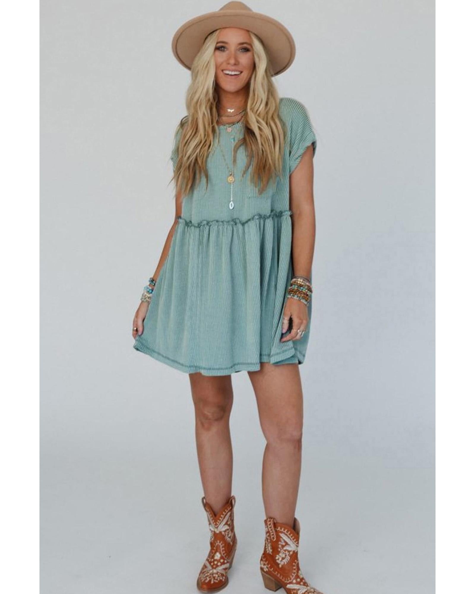 Canton Corded Knit Textured Patched Pocket Frilled Swing Mini Dress with Pockets - L