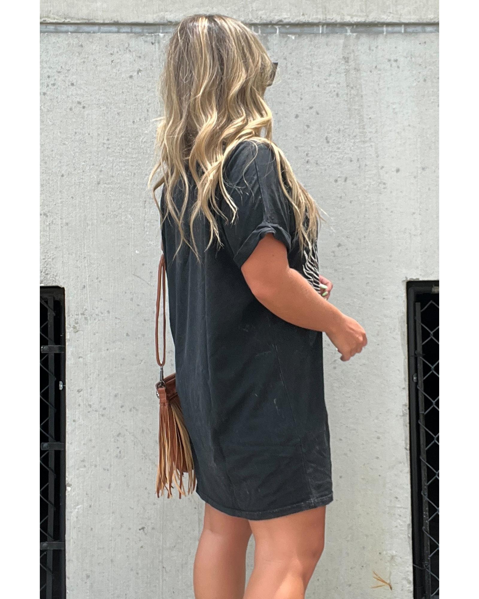 Black Nashville Guitar Print Crew Neck T Shirt Mini Dress - M