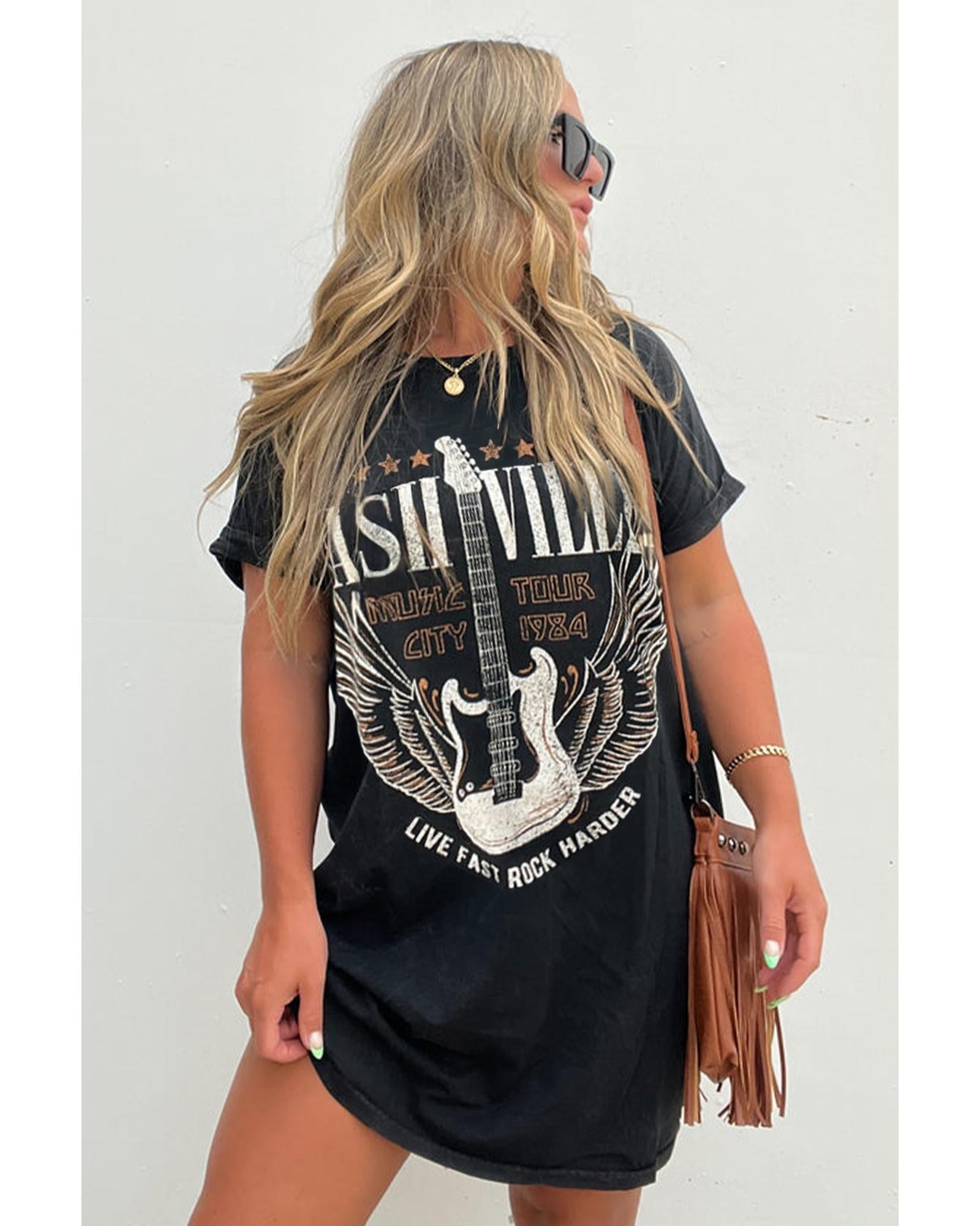 Black Nashville Guitar Print Crew Neck T Shirt Mini Dress - M