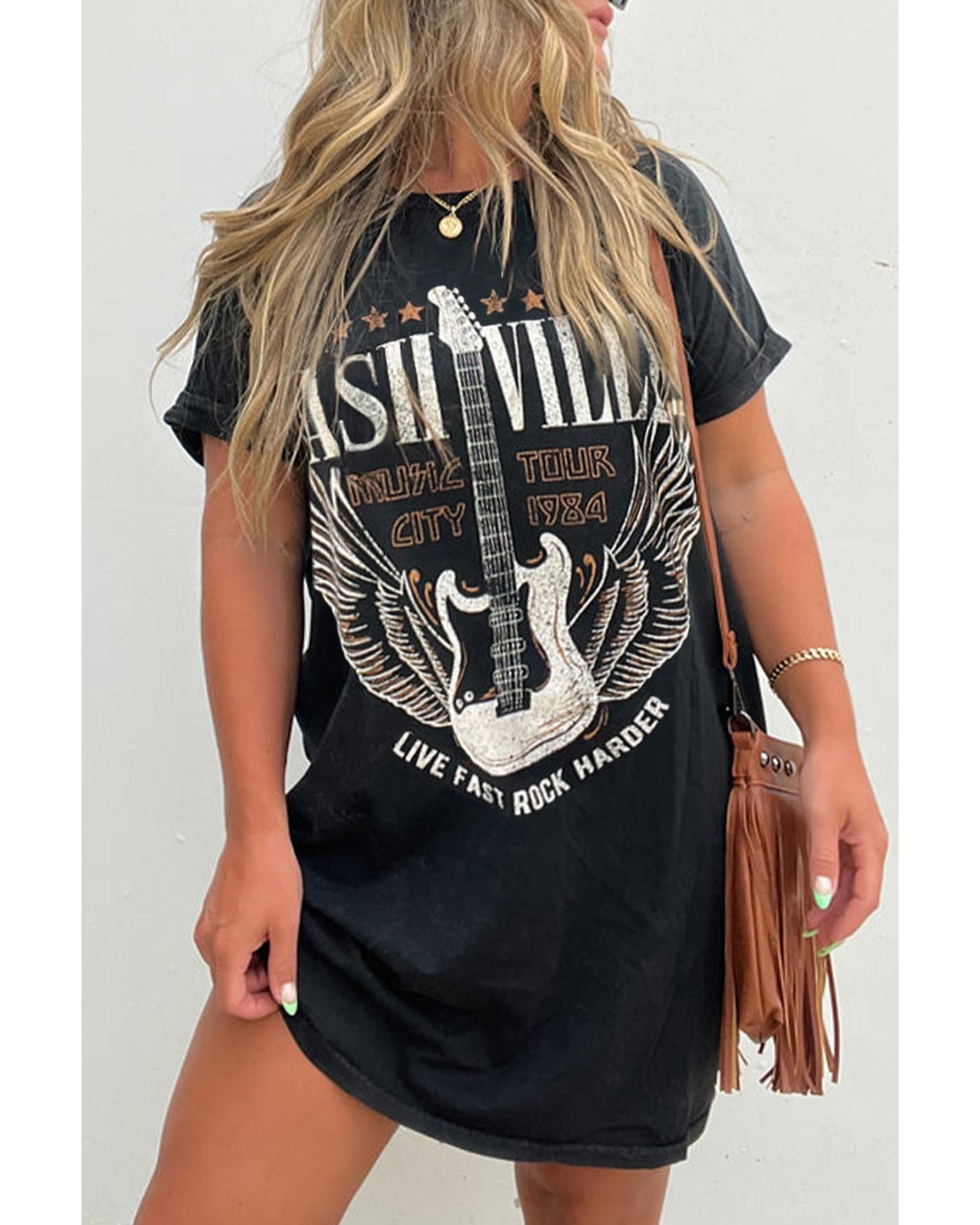 Black Nashville Guitar Print Crew Neck T Shirt Mini Dress - M