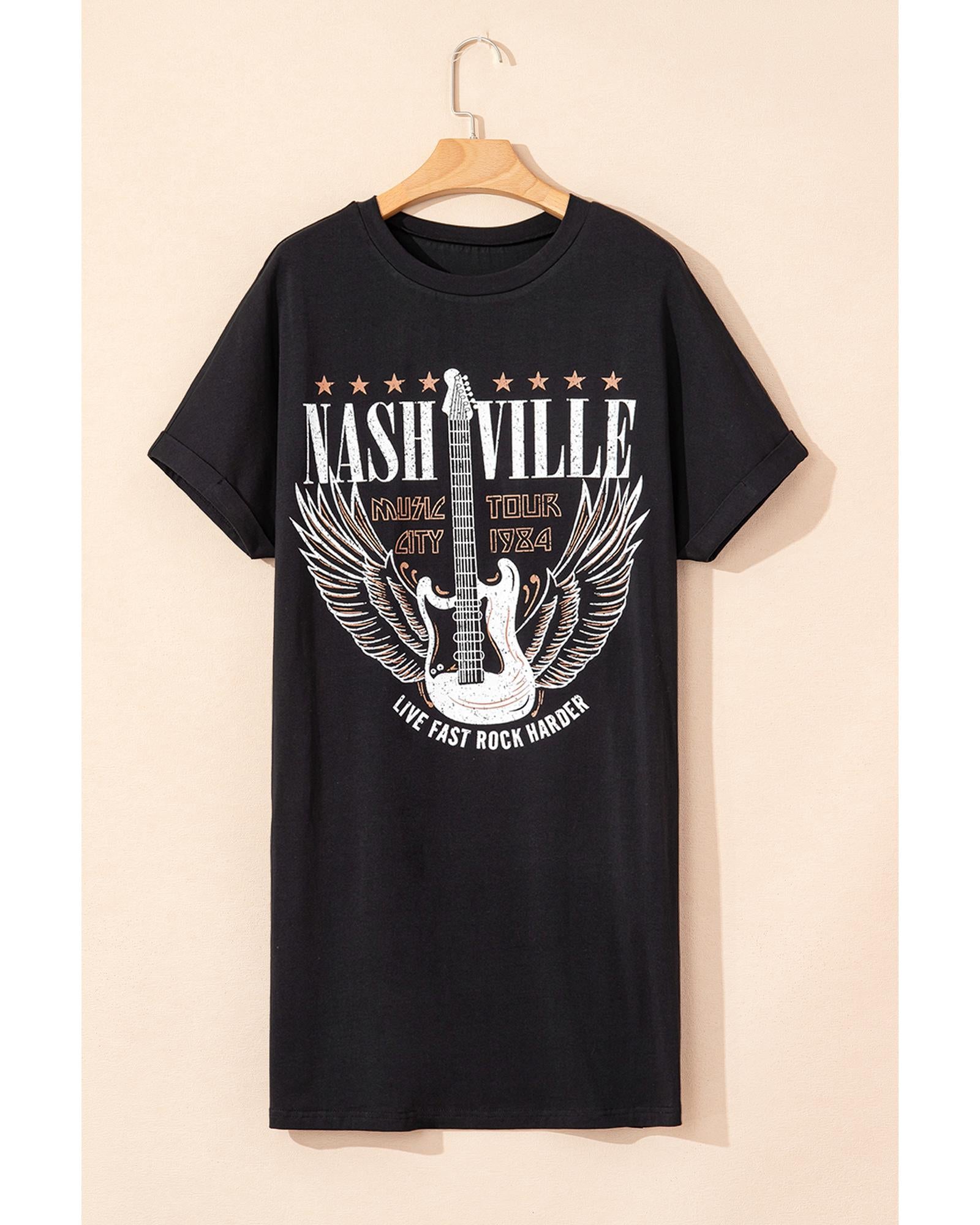Black Nashville Guitar Print Crew Neck T Shirt Mini Dress - M