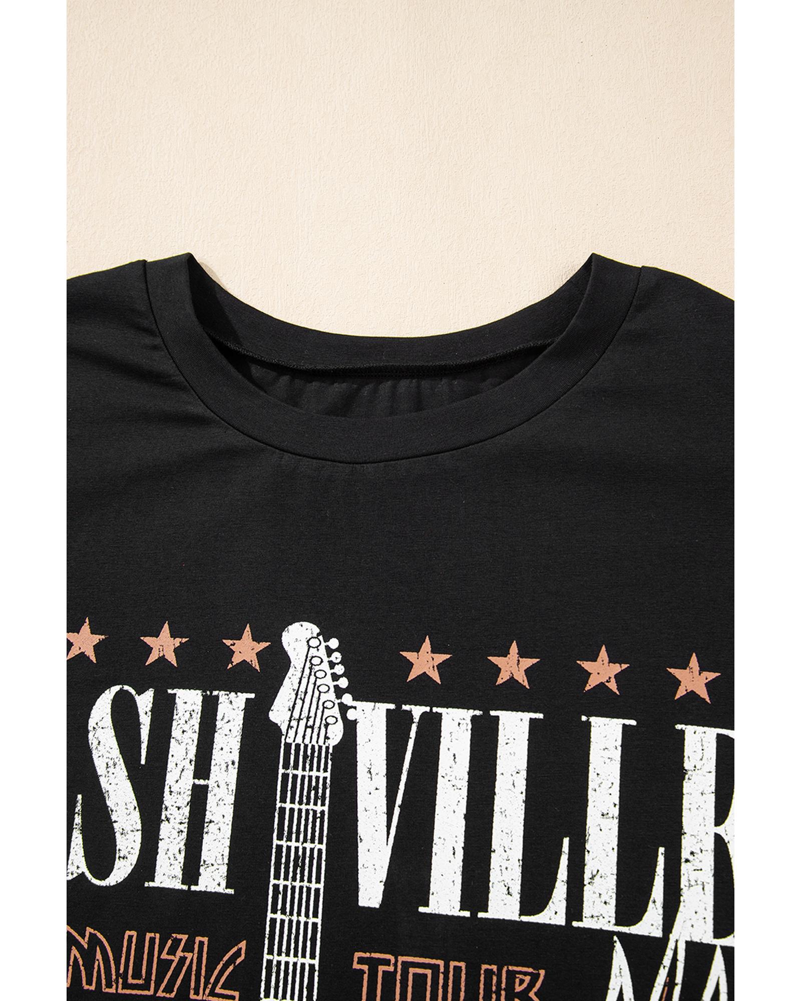 Black Nashville Guitar Print Crew Neck T Shirt Mini Dress - S