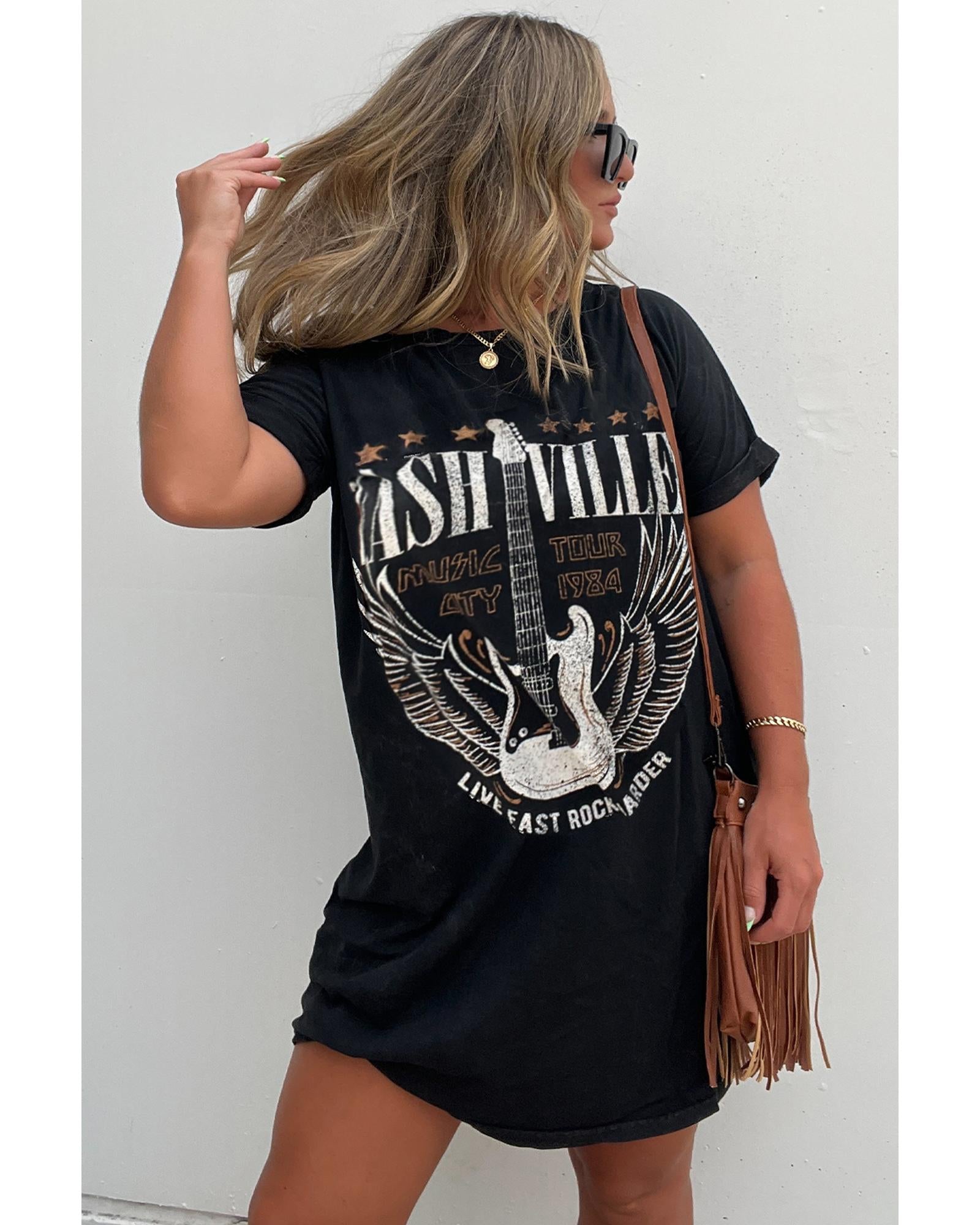 Black Nashville Guitar Print Crew Neck T Shirt Mini Dress - S