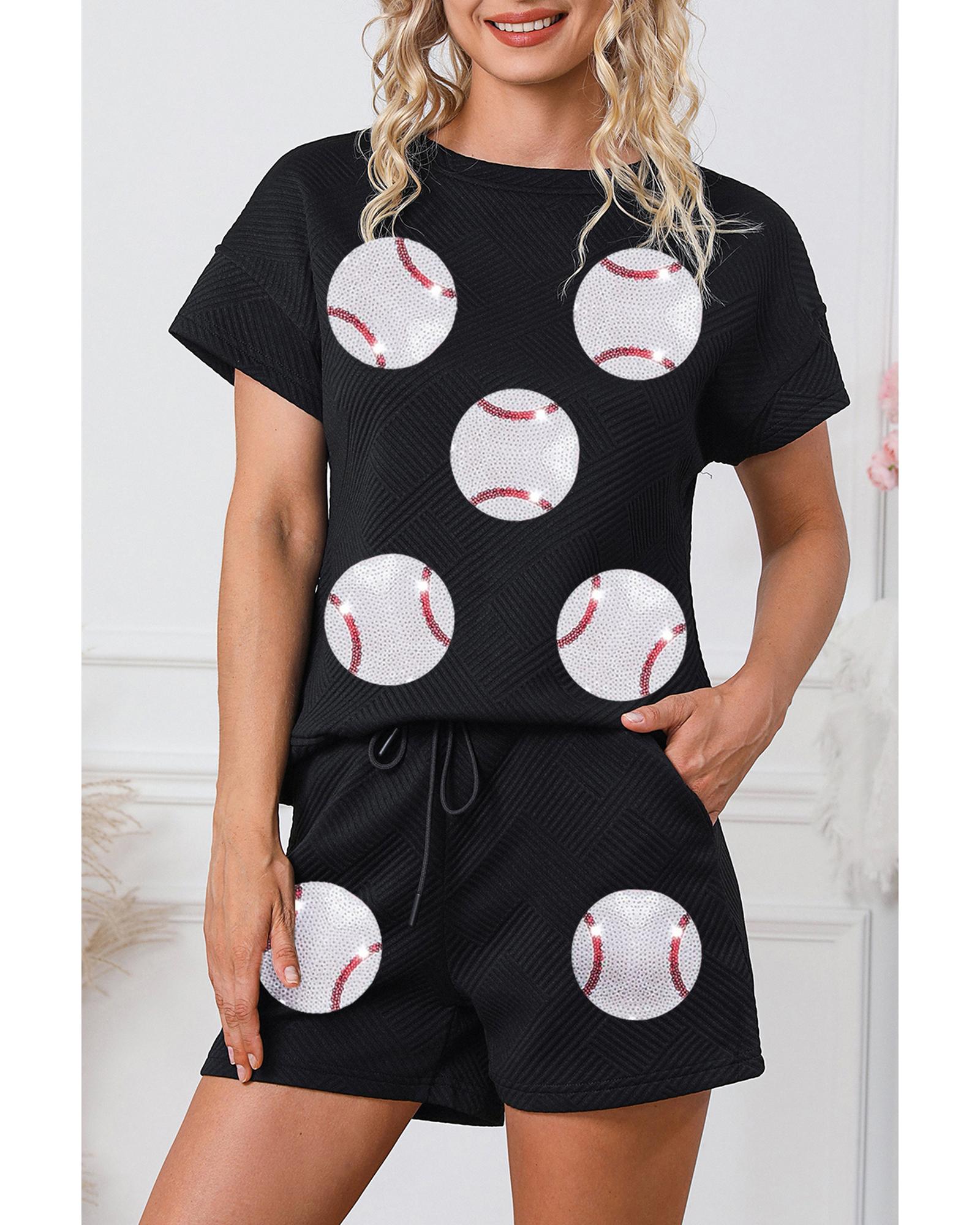 Black Trendy Texture Sequin Baseball Graphic Short 2pcs Set - XL
