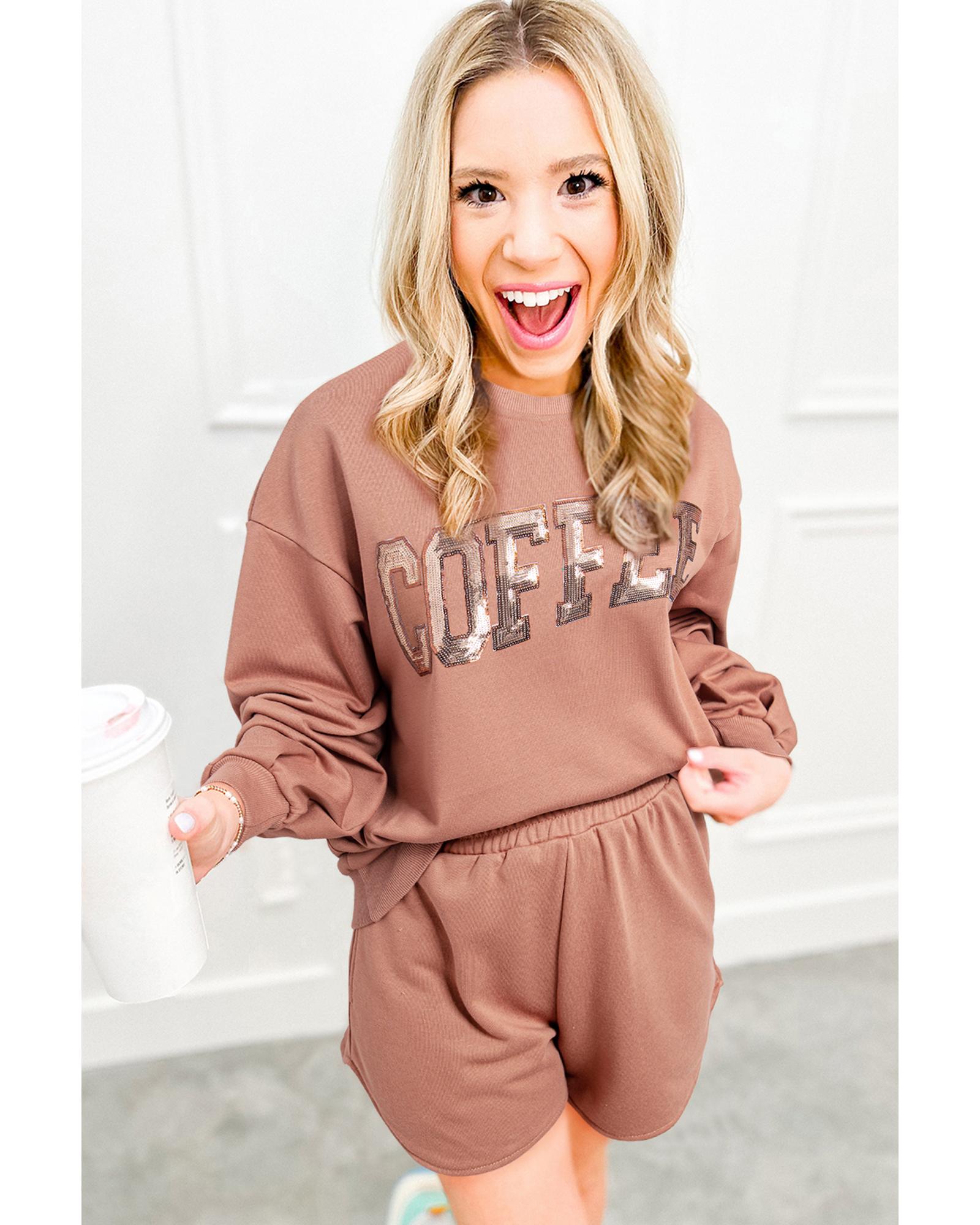 Straw Yellow Sequined COFFEE Loose Fit Sweatshirt and Shorts Set - S