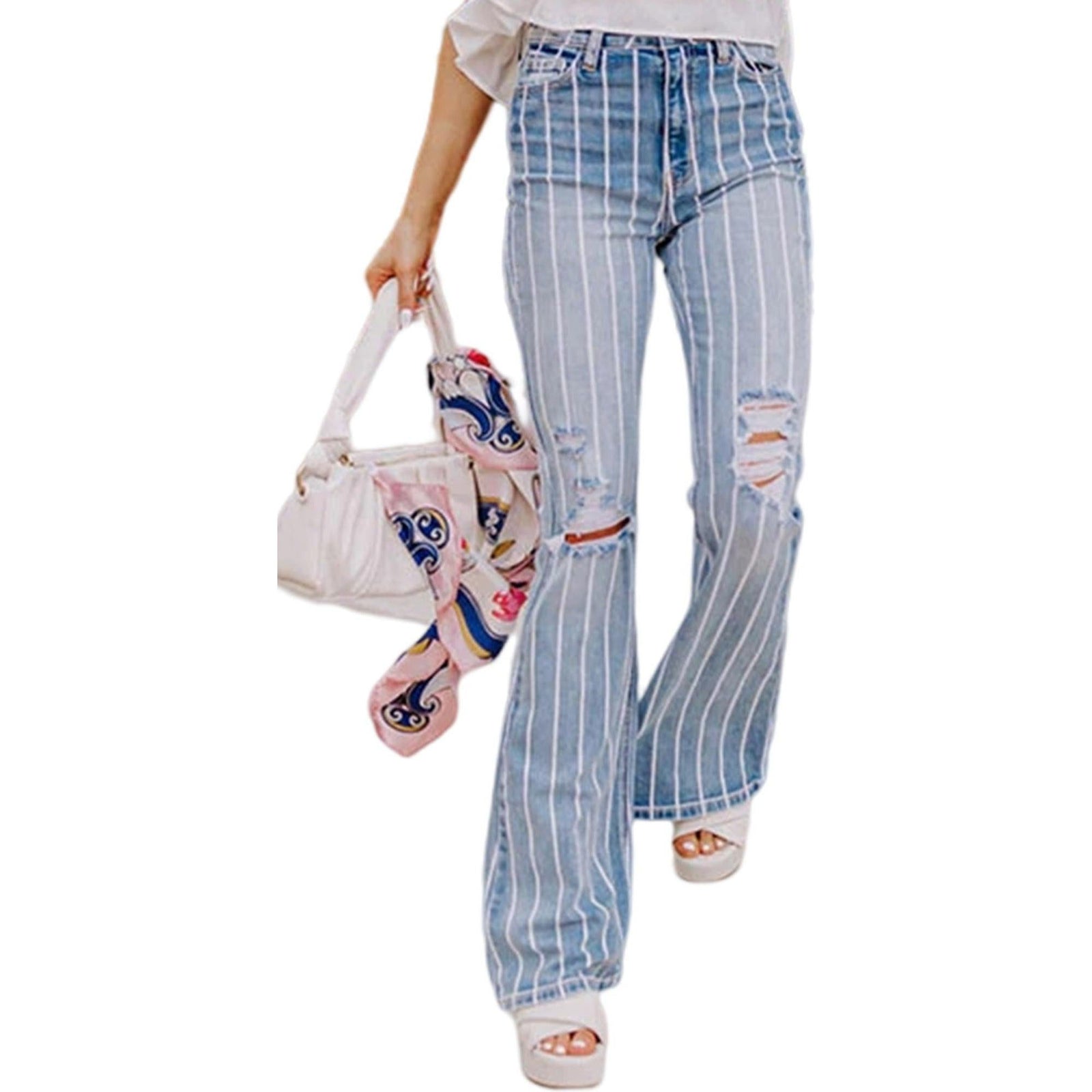 Azura Exchange Vertical Striped Ripped Flare Jeans - 10 US