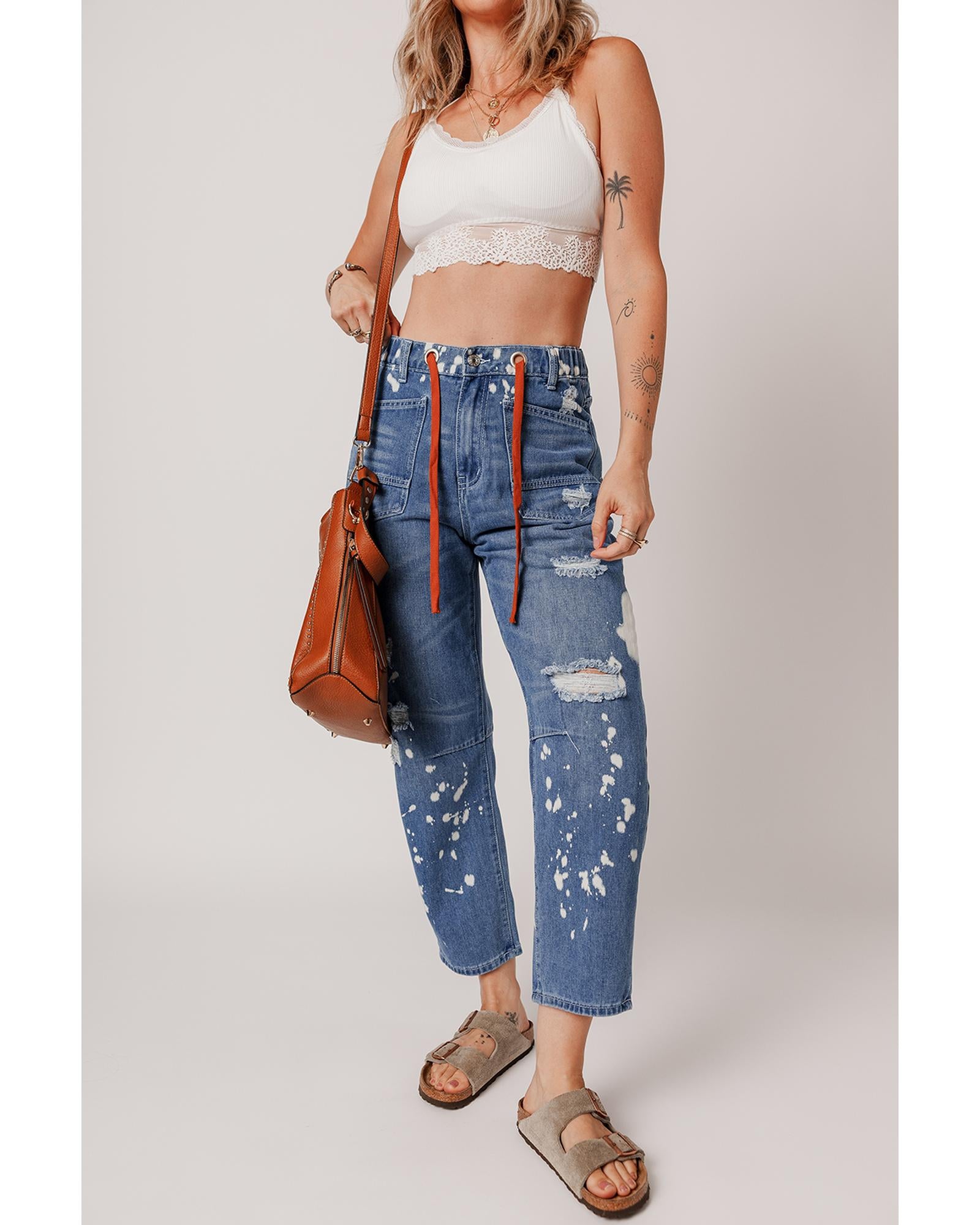 Ashleigh Blue Ripped Splattering Paint Rope Waist Cropped Straight Jeans - 8 US