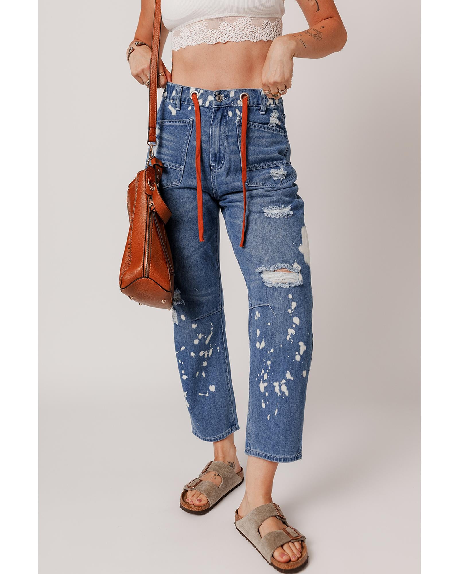 Ashleigh Blue Ripped Splattering Paint Rope Waist Cropped Straight Jeans - 8 US