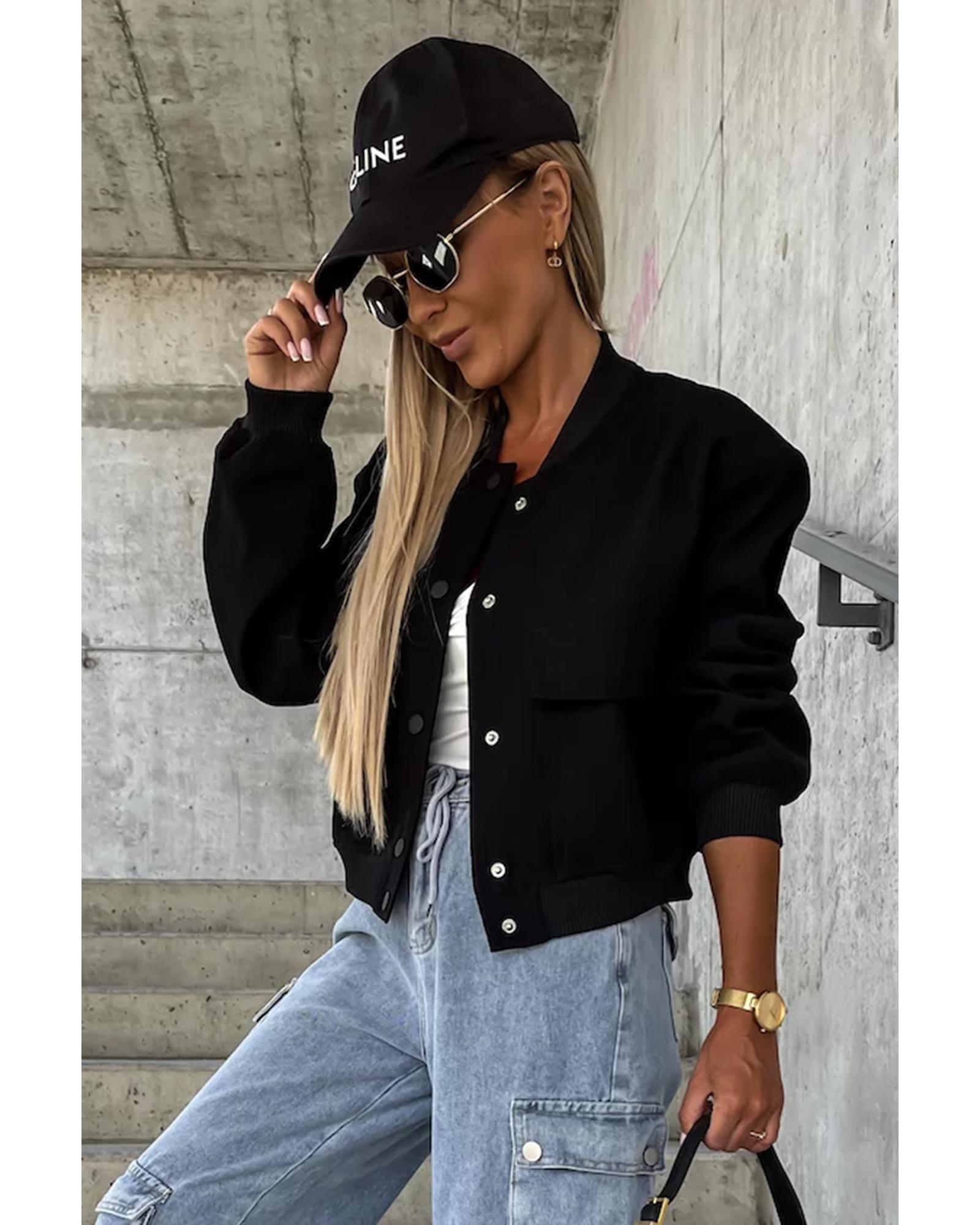 Black Big Pockets Baseball Collar Jacket - L