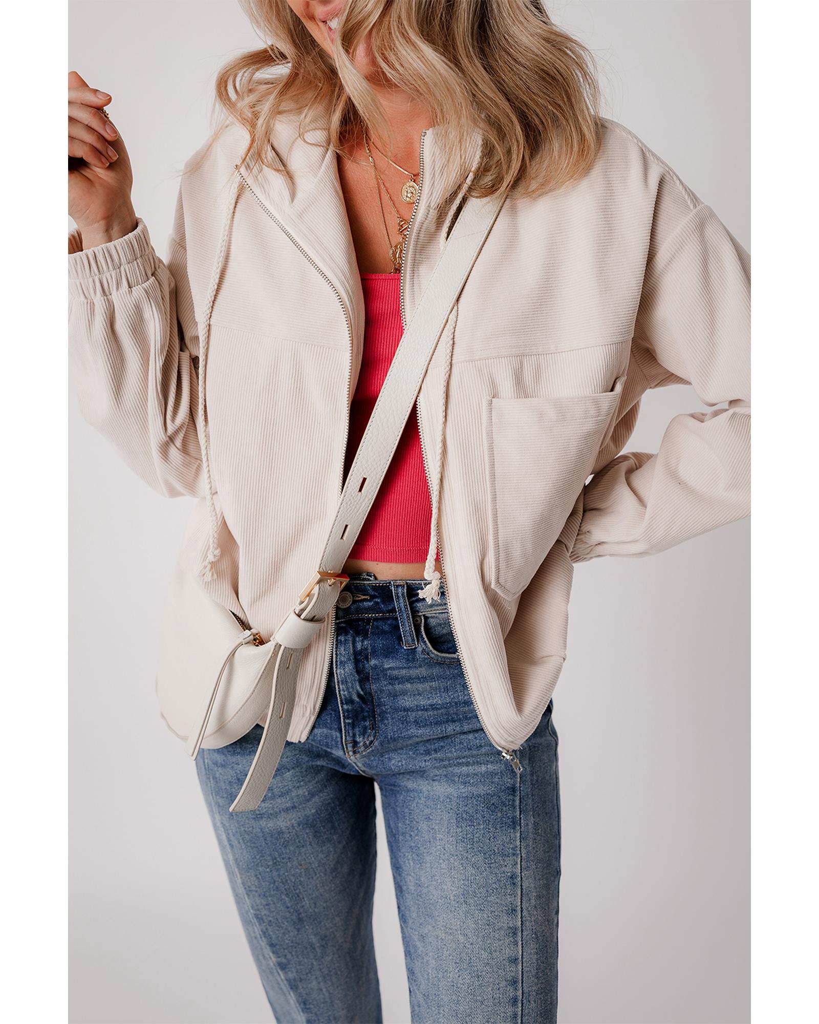 White Corduroy Drawstring Hooded Pocket Zip Up Jacket - XL
