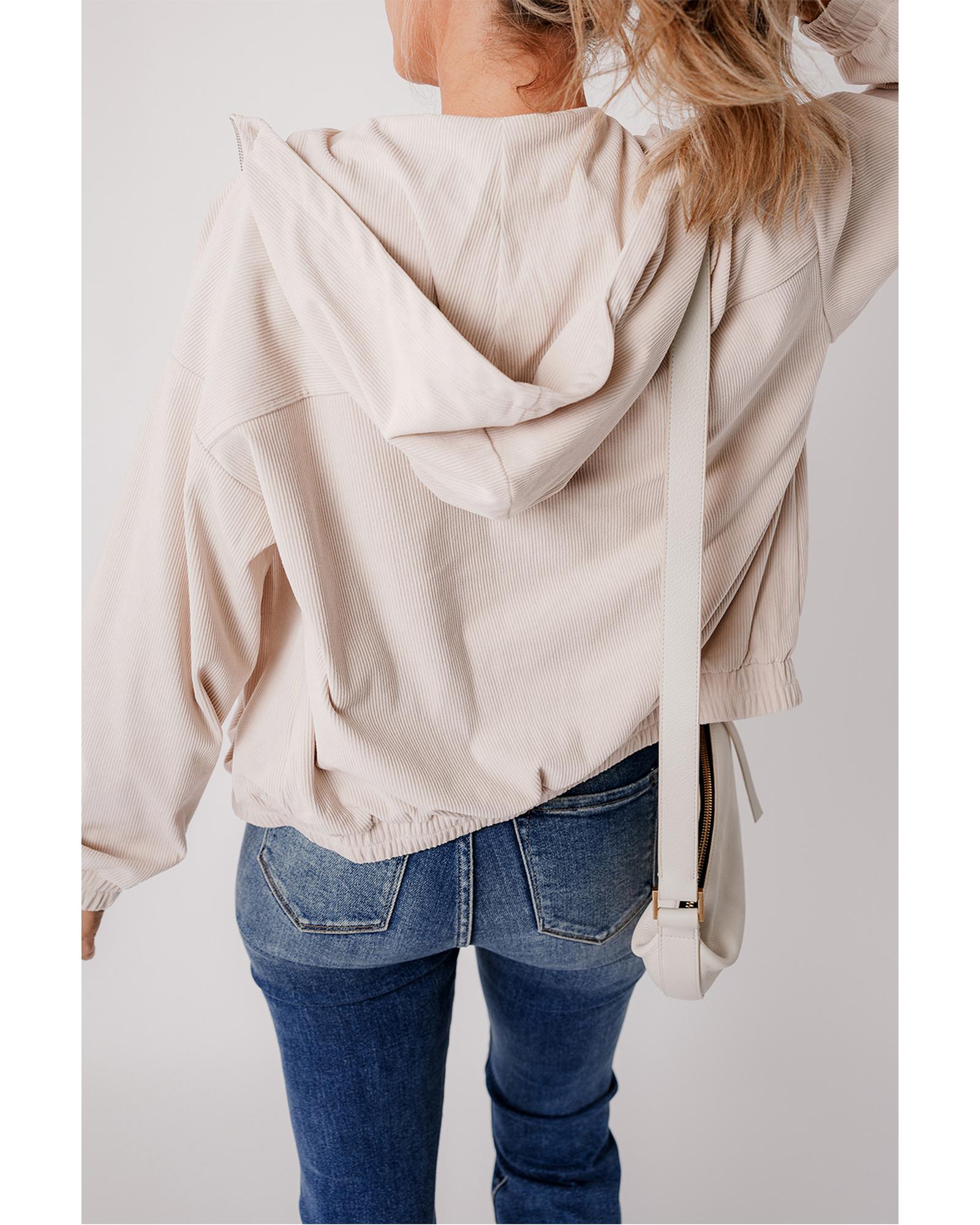 White Corduroy Drawstring Hooded Pocket Zip Up Jacket - XL