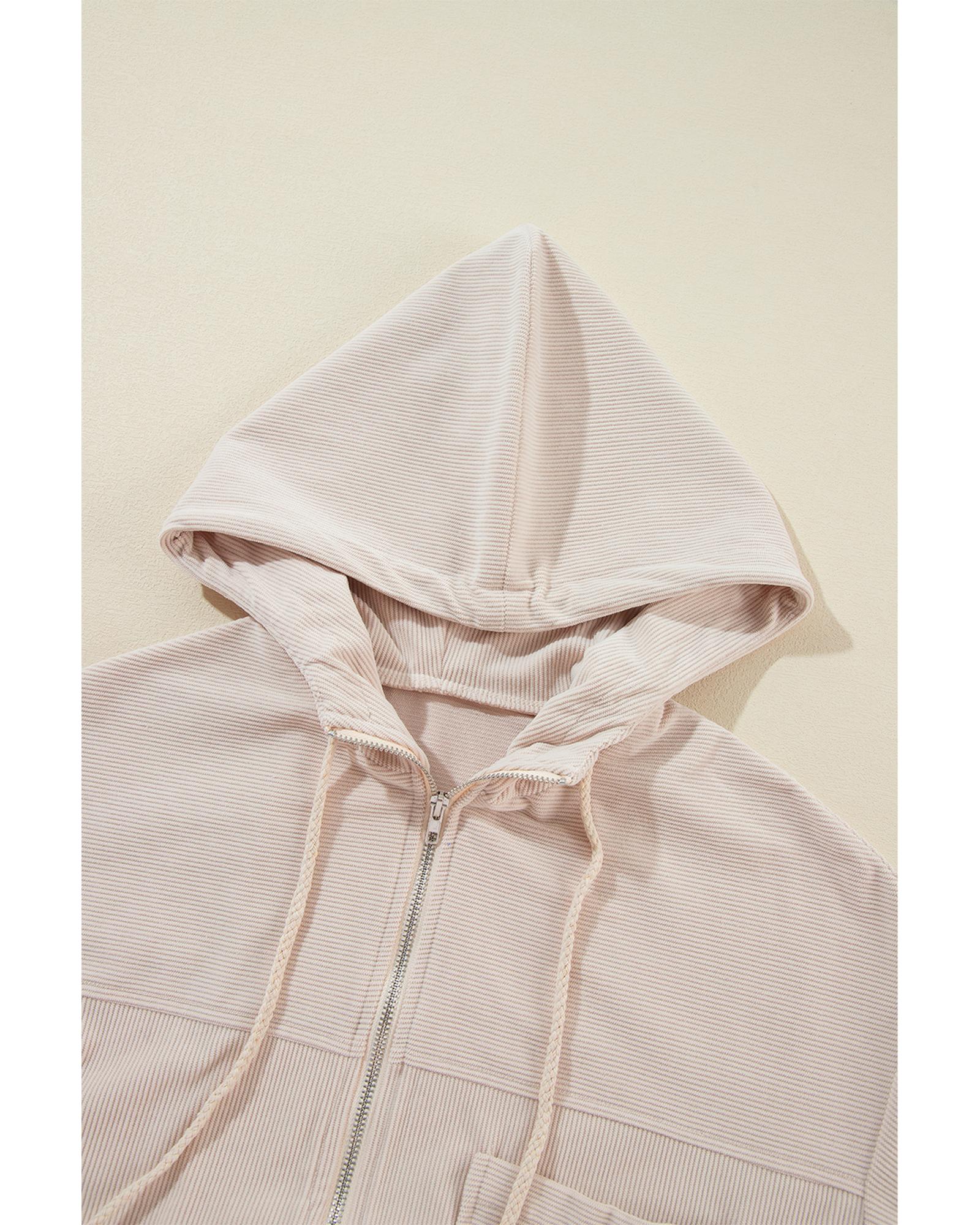 White Corduroy Drawstring Hooded Pocket Zip Up Jacket - XL