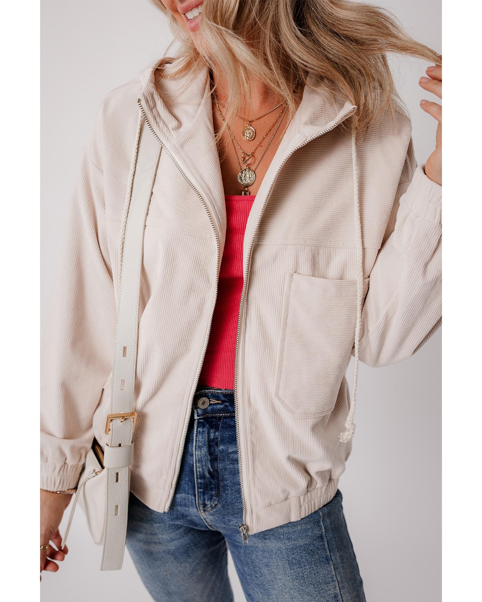 White Corduroy Drawstring Hooded Pocket Zip Up Jacket - XL