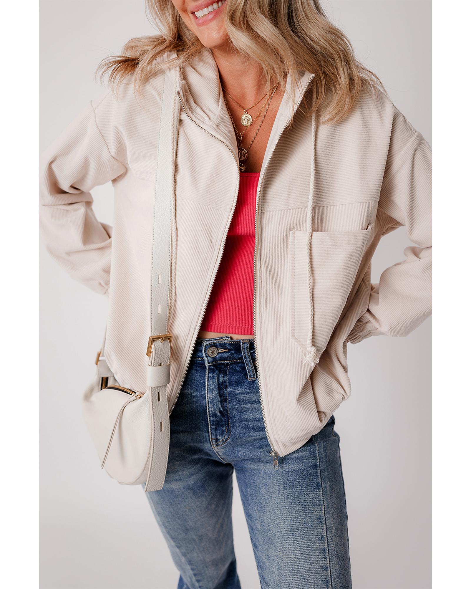 White Corduroy Drawstring Hooded Pocket Zip Up Jacket - XL