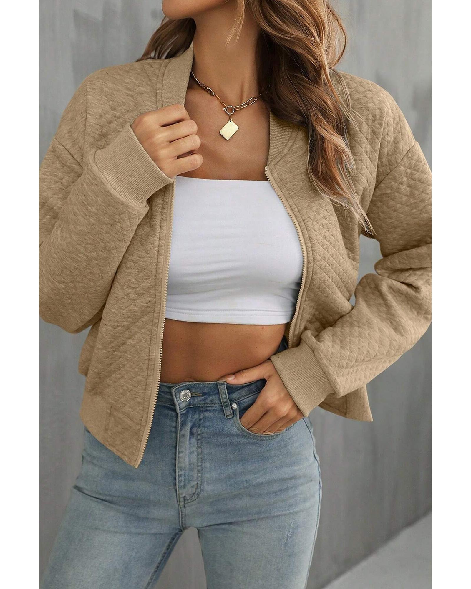 Pale Khaki Solid Geometric Textured Baseball Collar Jacket - XL