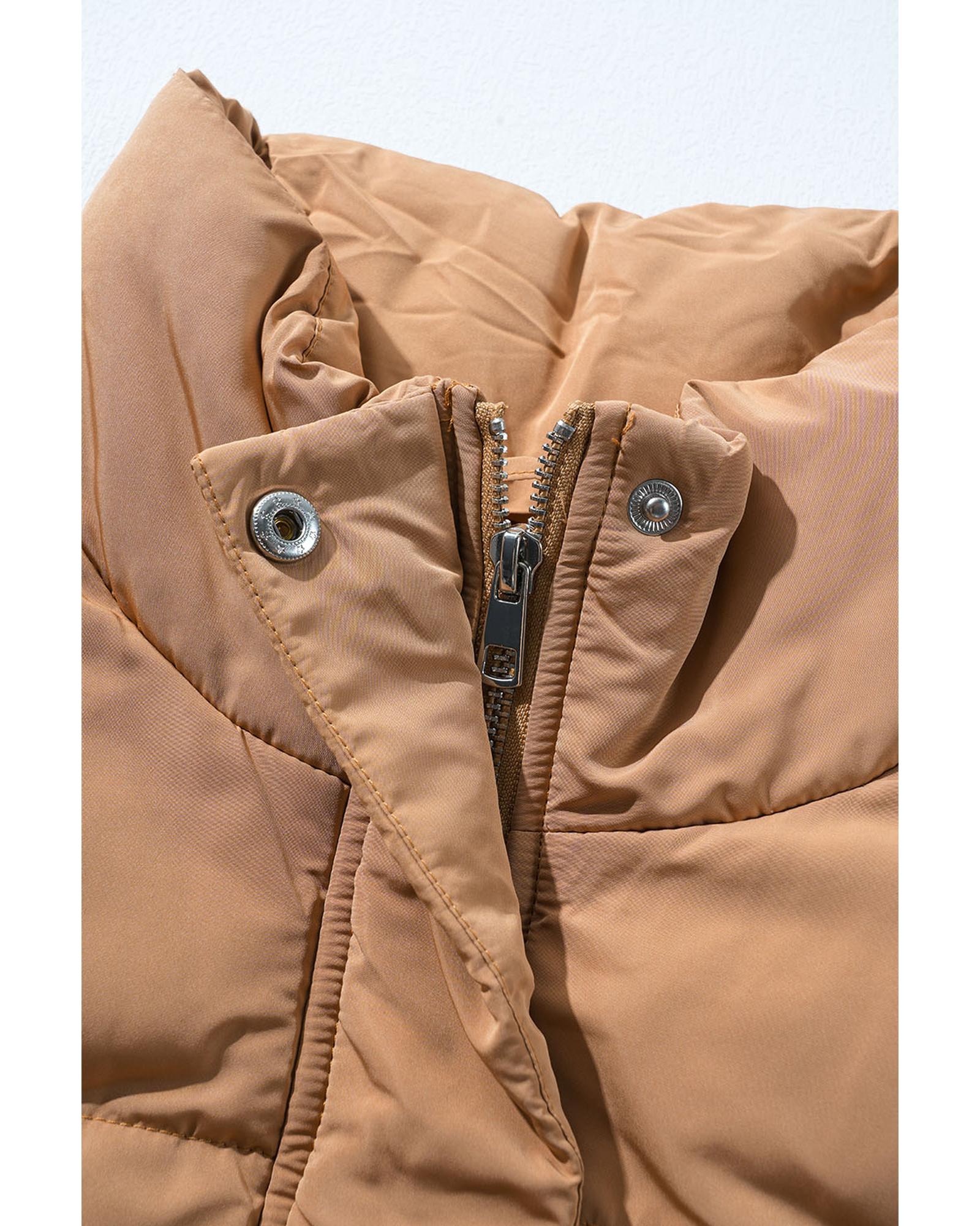 Coffee Windproof Longline Full Zipper Puffer Vest with Pockets - XL