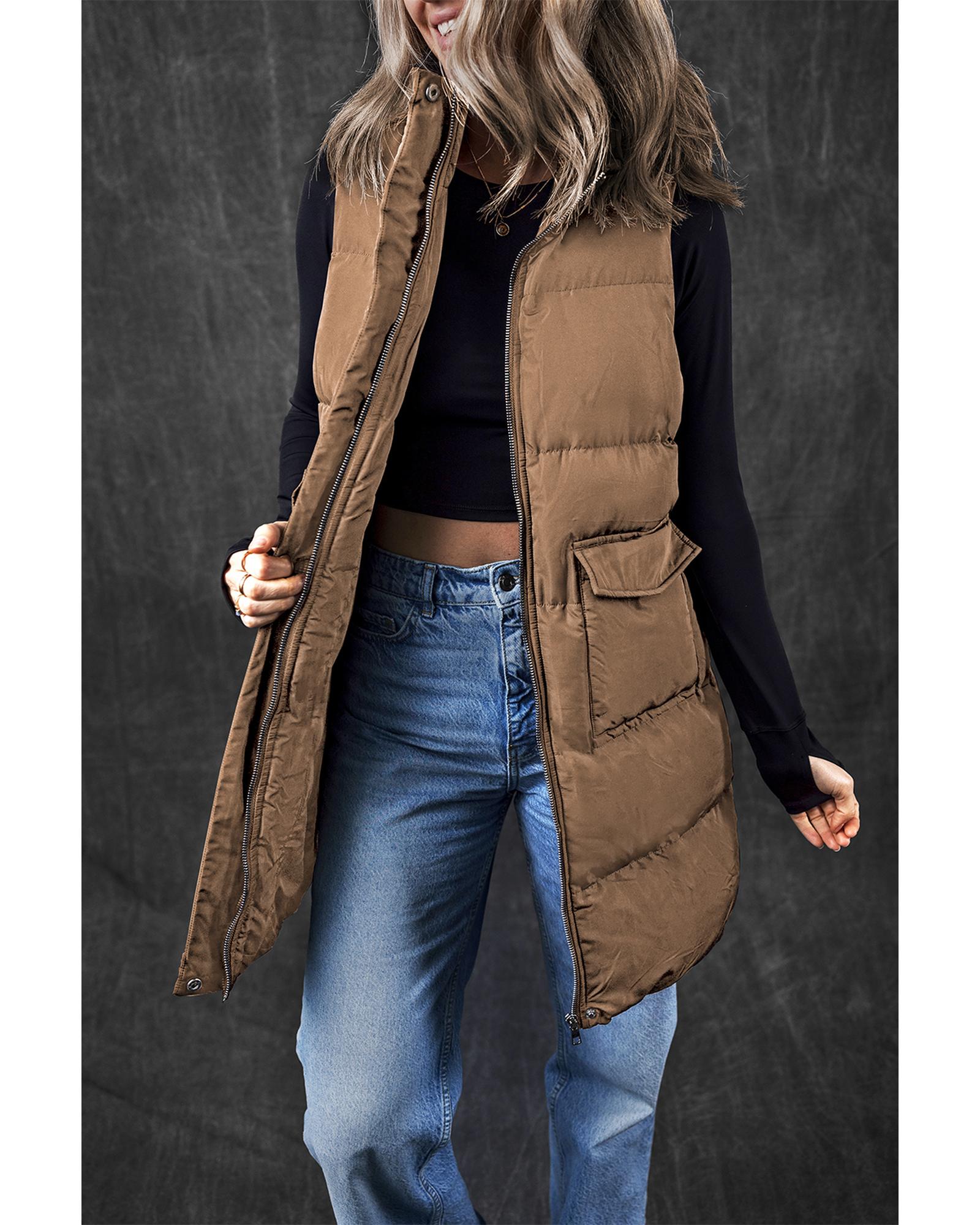 Coffee Windproof Longline Full Zipper Puffer Vest with Pockets - XL