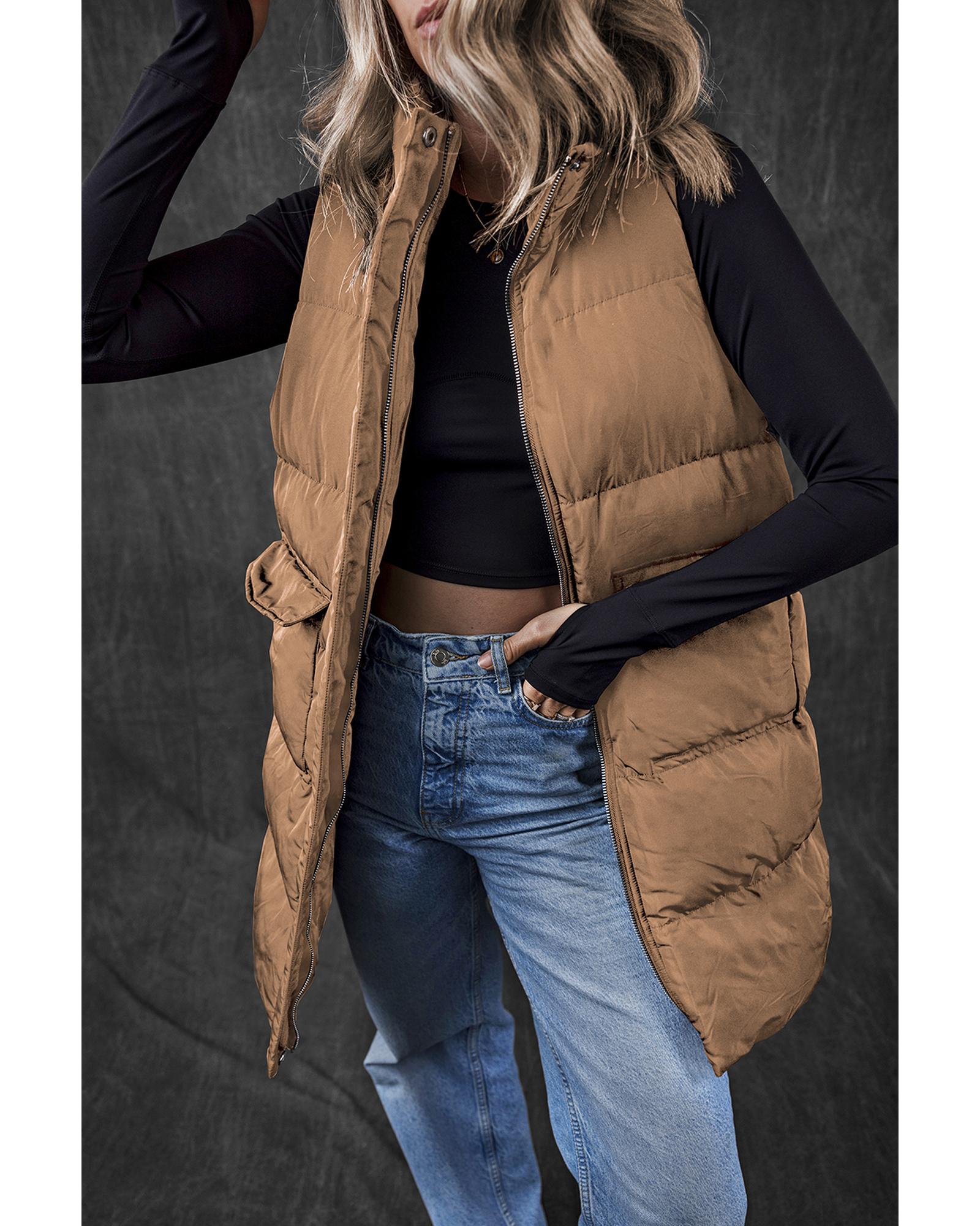 Coffee Windproof Longline Full Zipper Puffer Vest with Pockets - XL