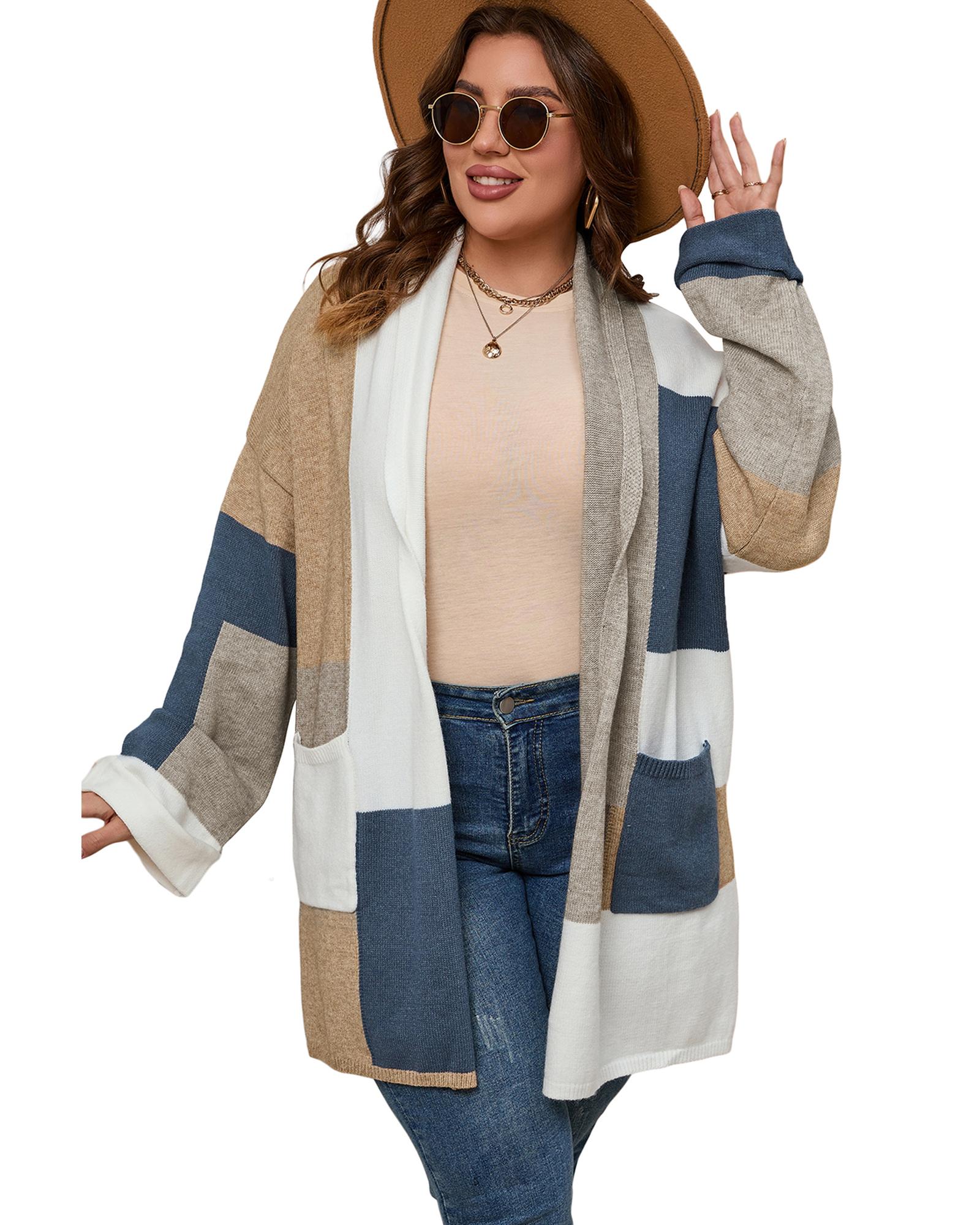 Multicolor Plus Size Colorblock Knit Cardigan - 1X