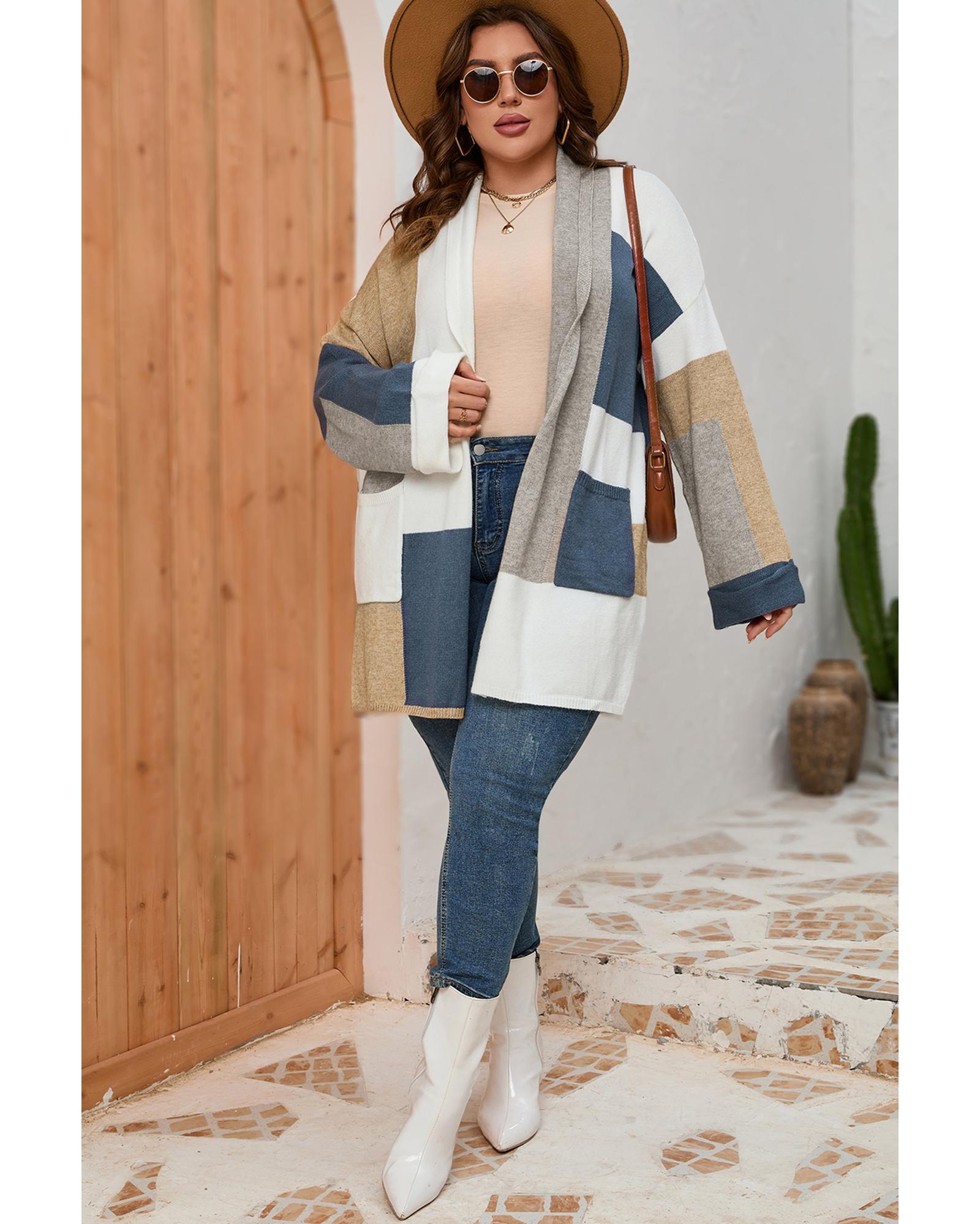 Multicolor Plus Size Colorblock Knit Cardigan - 1X