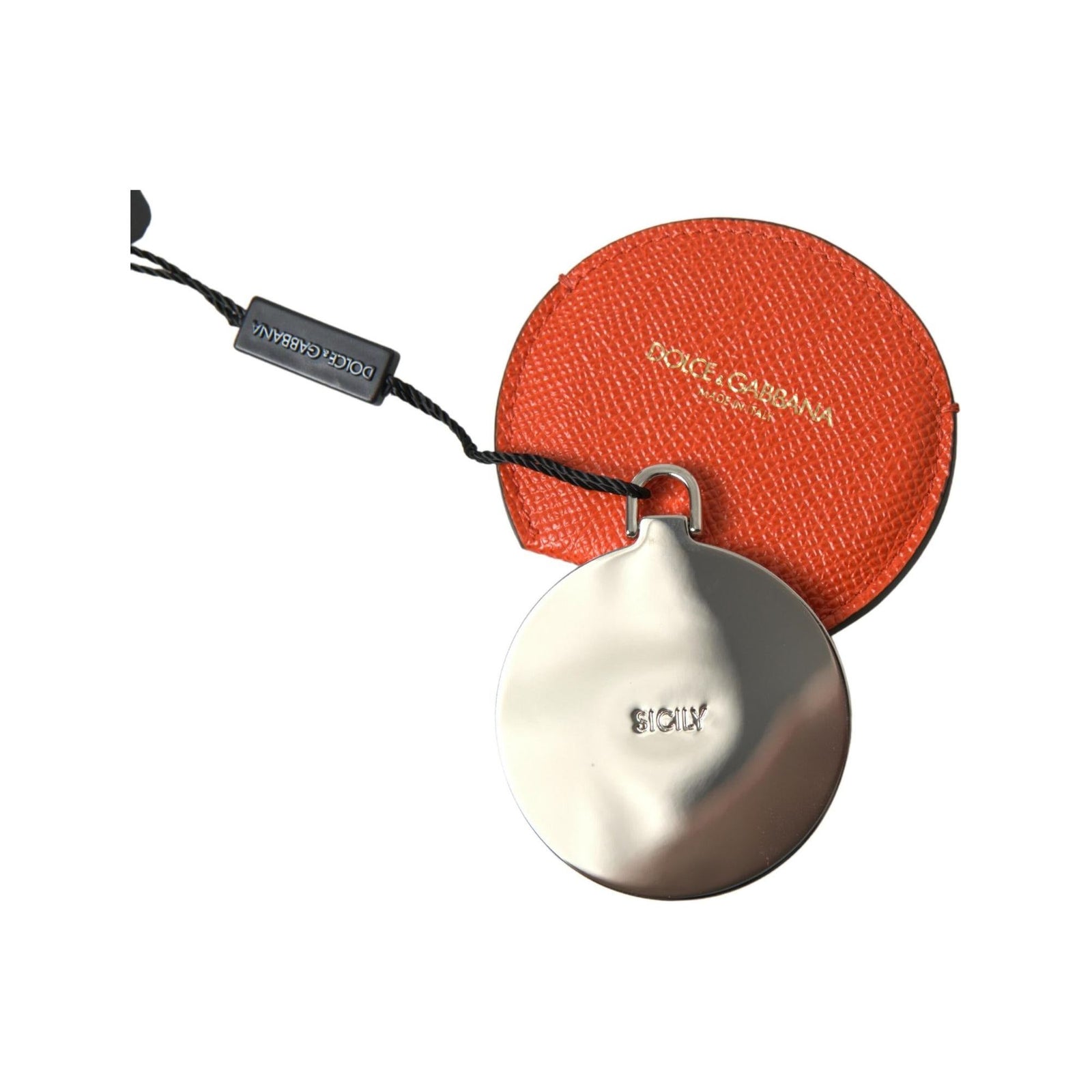 Dolce & Gabbana Women's Orange Calfskin Leather Round Logo Hand Mirror Holder - One Size