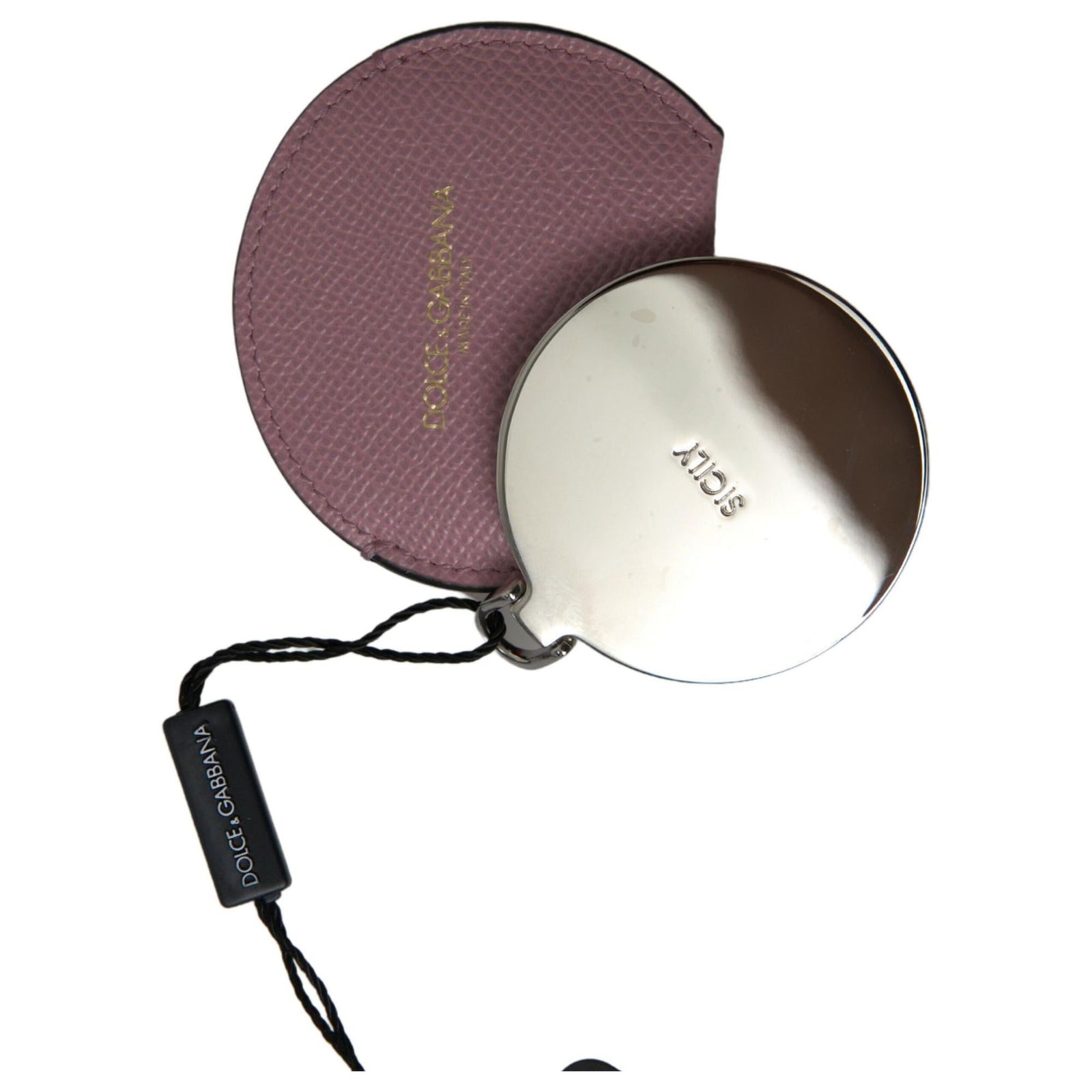 Dolce & Gabbana Women's Pink Calfskin Leather Round Logo Print Hand Mirror Holder - One Size