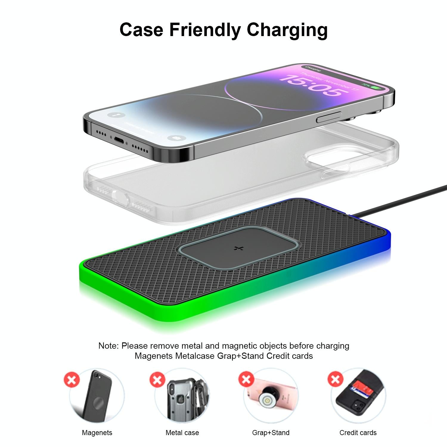 15w 2-in-1 Car Wireless Charger with Non-slip Mat and Colourful Light - 0.3m Usb Cable - Usb-C/Type-C Cable 1M