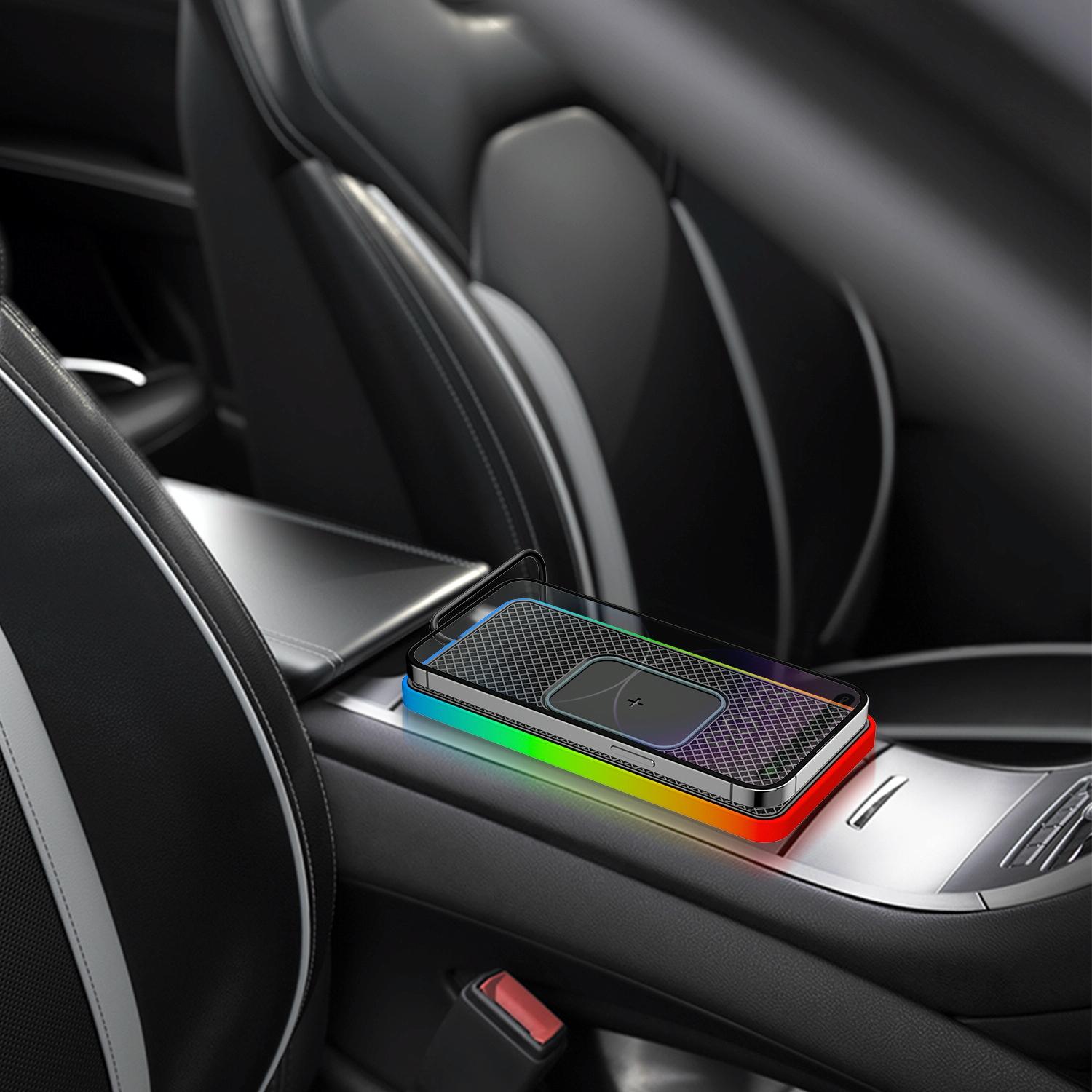 15w 2-in-1 Car Wireless Charger with Non-slip Mat and Colourful Light - 0.3m Usb Cable - Usb-C/Type-C Cable 1M